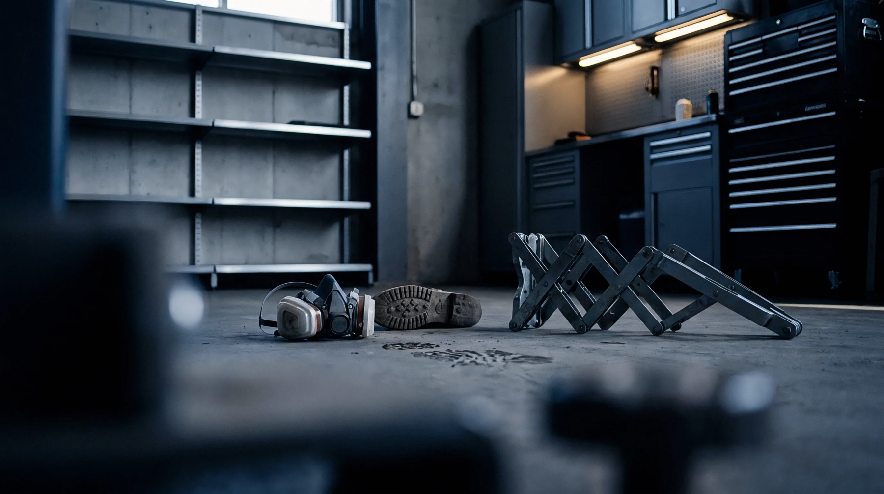 A respirator mask and safety boot sit beside a scissor lift assembly on a concrete workshop floor near storage shelves.