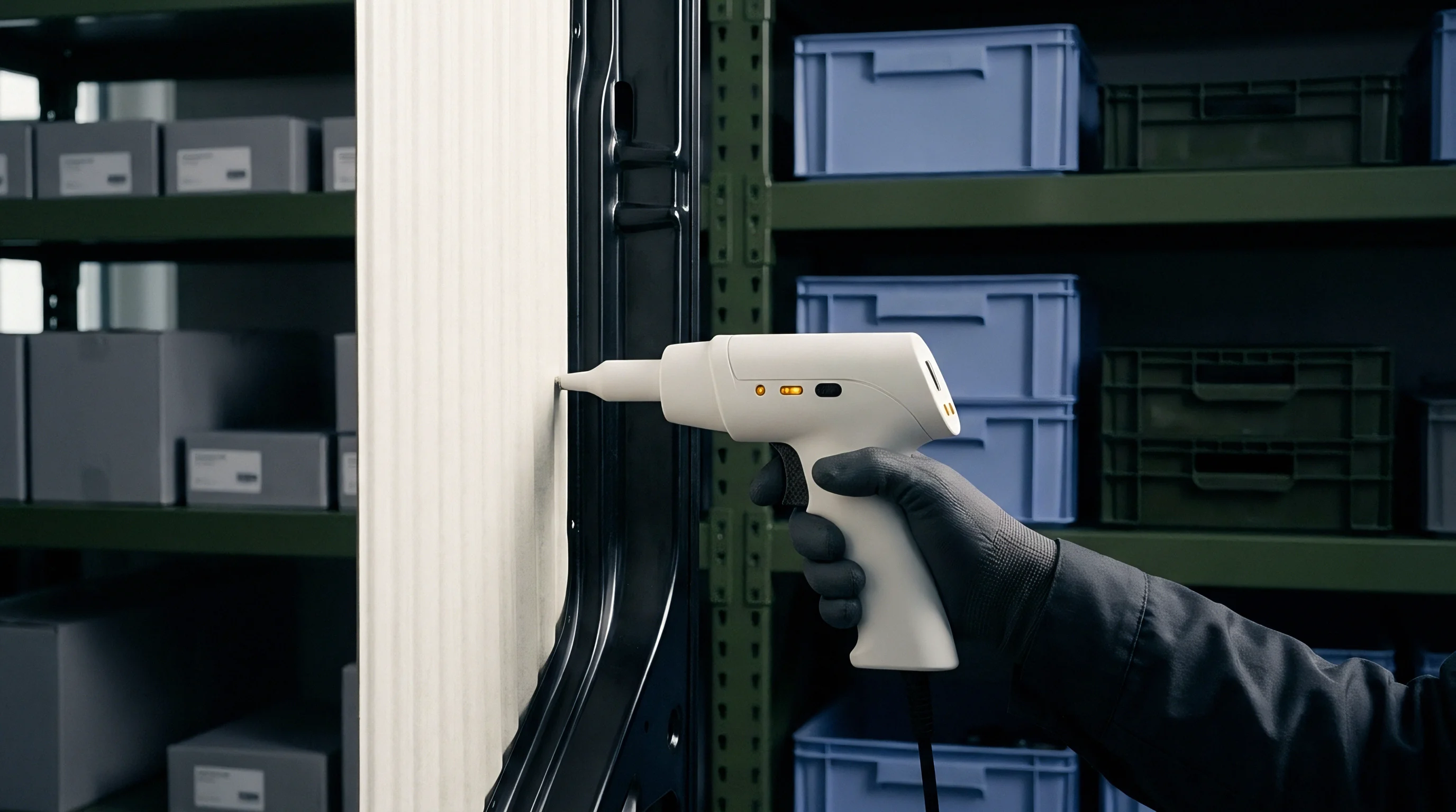 A worker wearing a dark protective glove holds a handheld white scanning probe against a manufactured composite panel in a production facility.