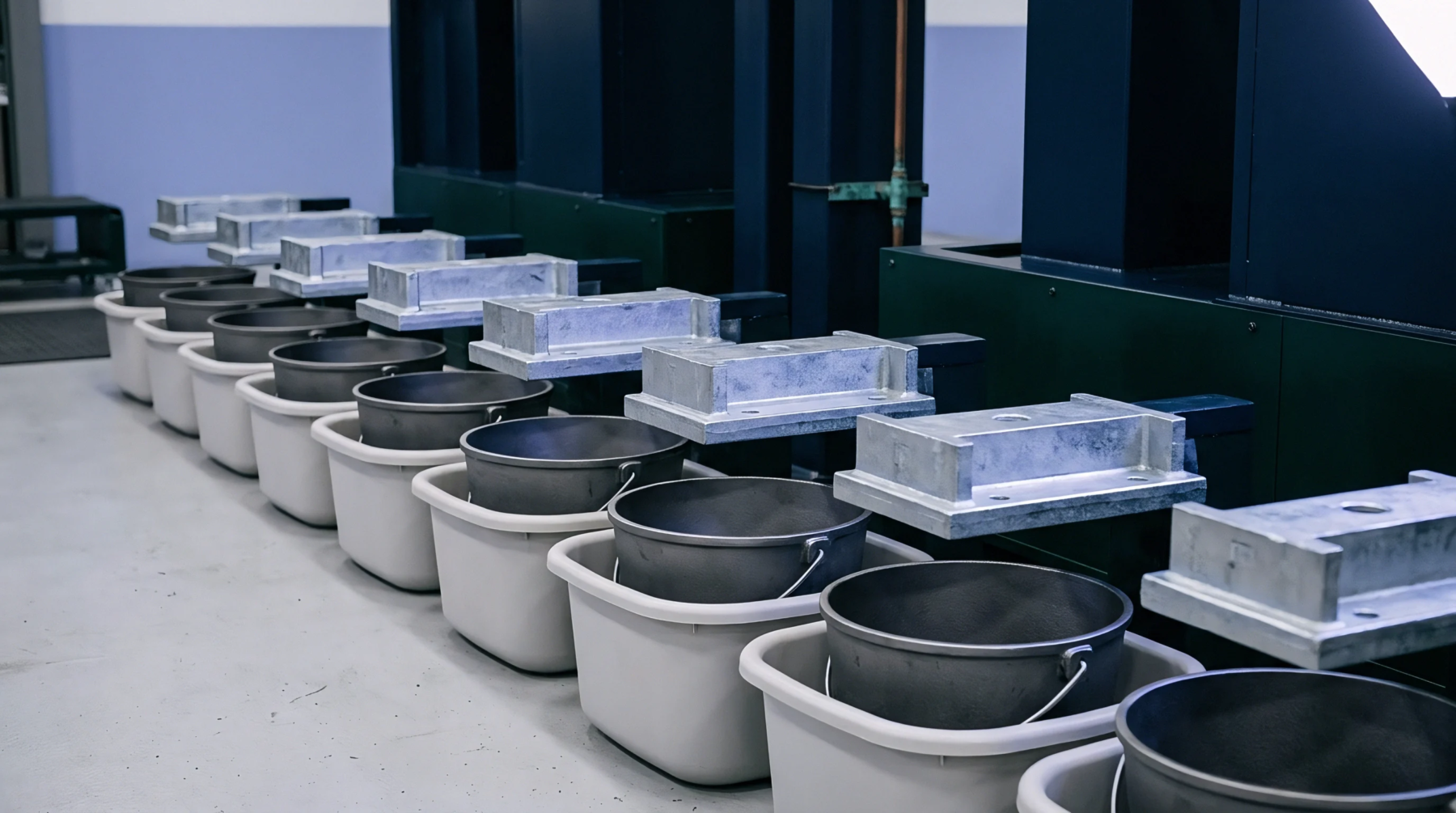 Automated manufacturing stations feature metal tooling fixtures positioned above industrial containers across a factory floor dedicated to hardware production.