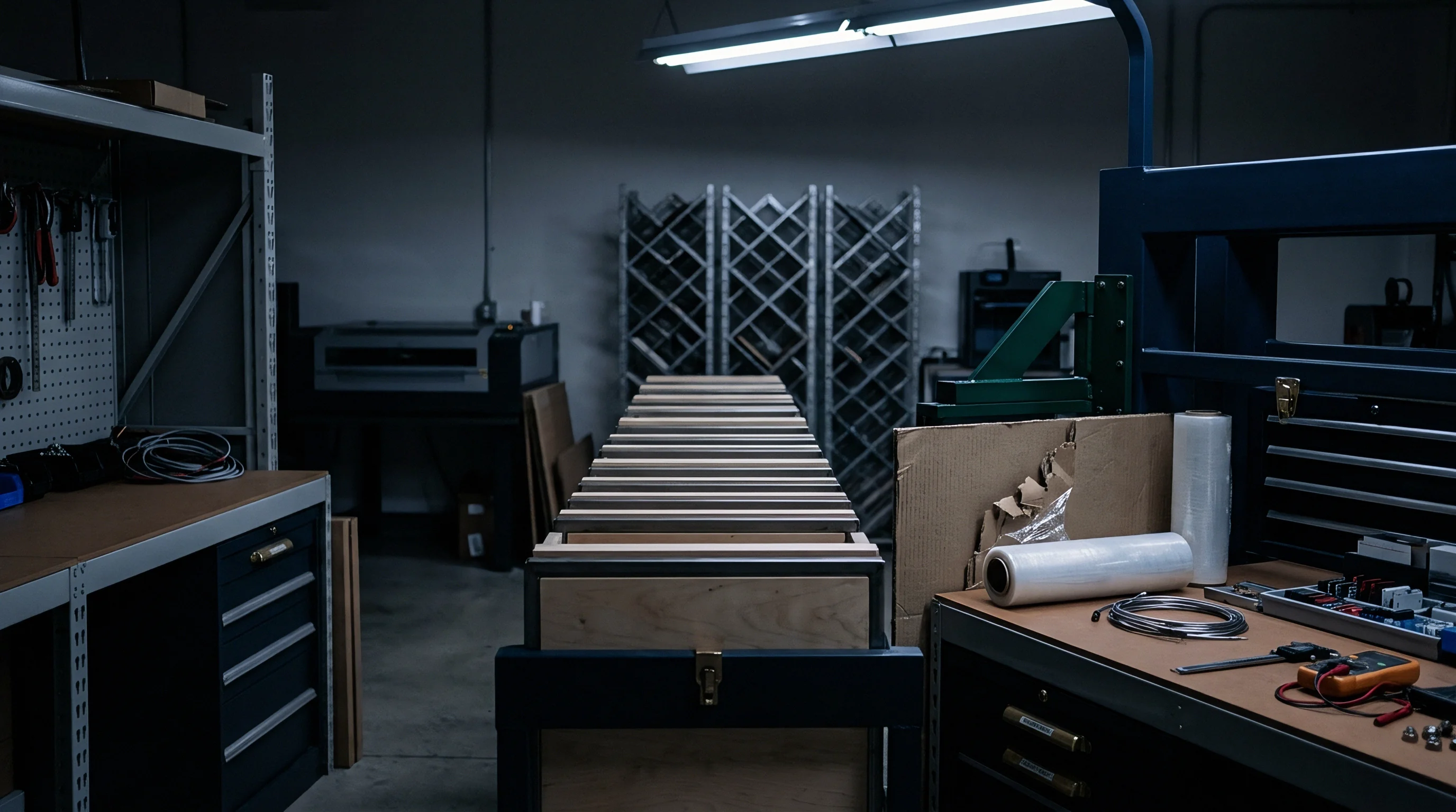 Rows of modular wooden production jigs stretch across the assembly floor inside a precision electronics manufacturing facility.