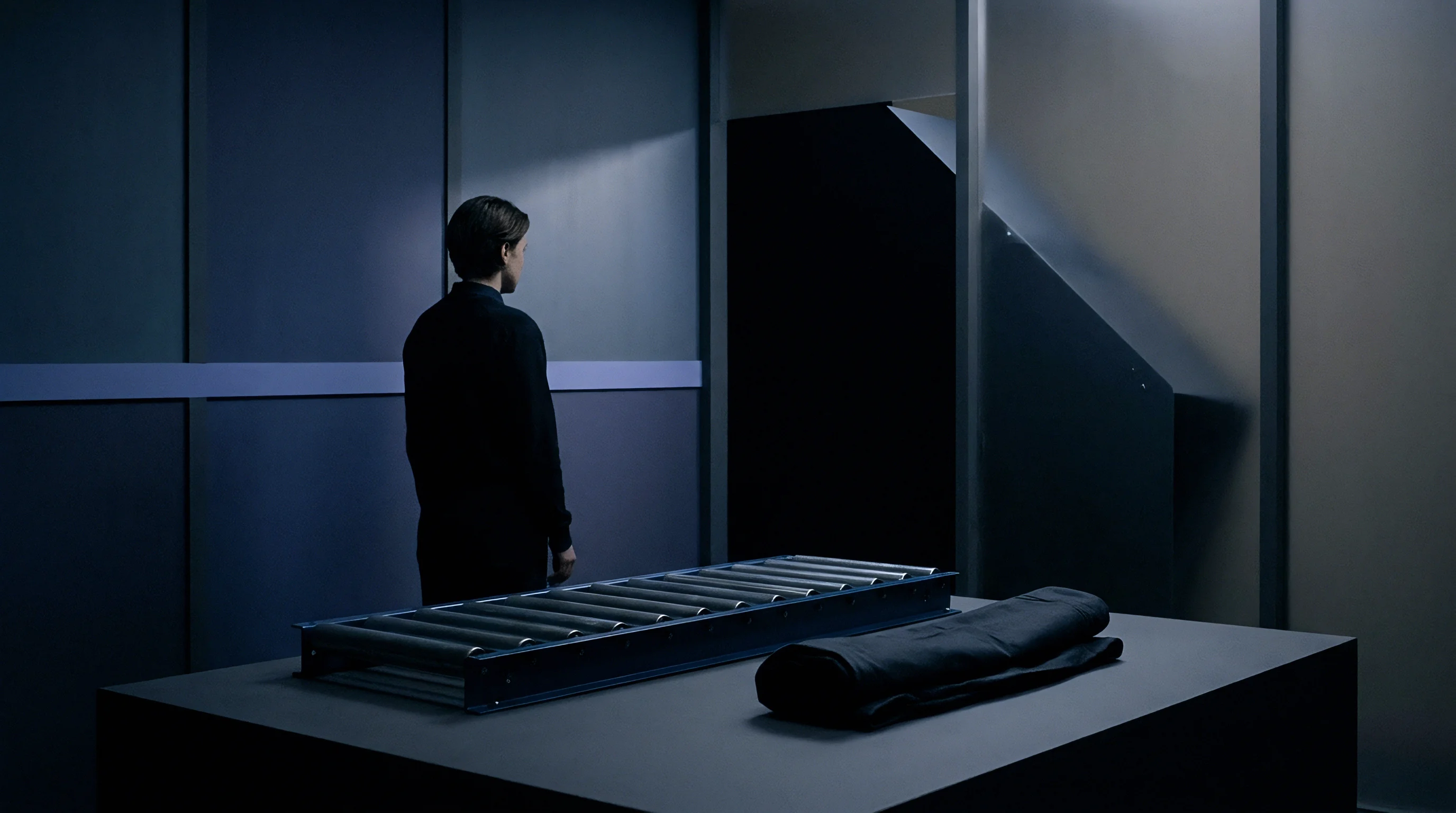 A standing worker in dark clothing faces away near a metal roller conveyor positioned on a grey platform within a dark blue facility.
