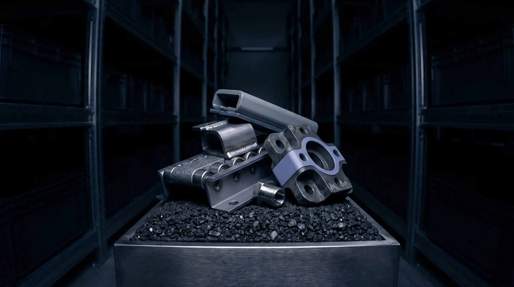 Assorted metal assemblies rest on a bed of black mineral aggregate within an industrial warehouse storage area surrounded by tiered shelving units.