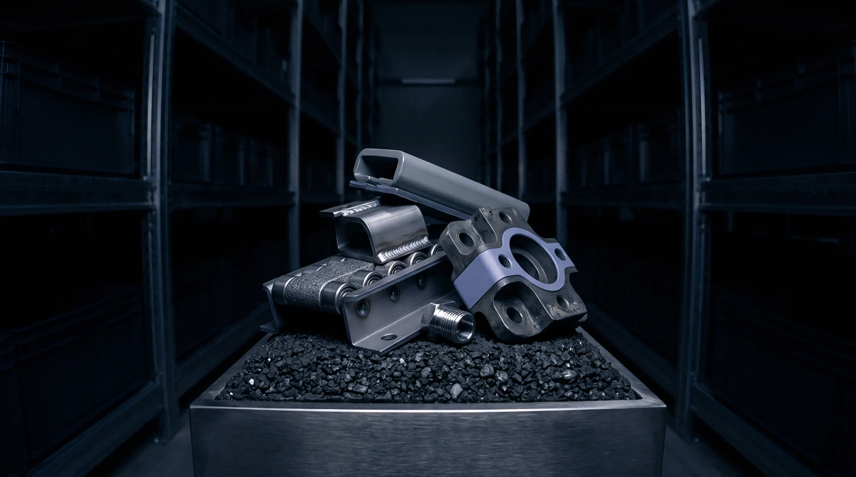 Assorted metal assemblies rest on a bed of black mineral aggregate within an industrial warehouse storage area surrounded by tiered shelving units.