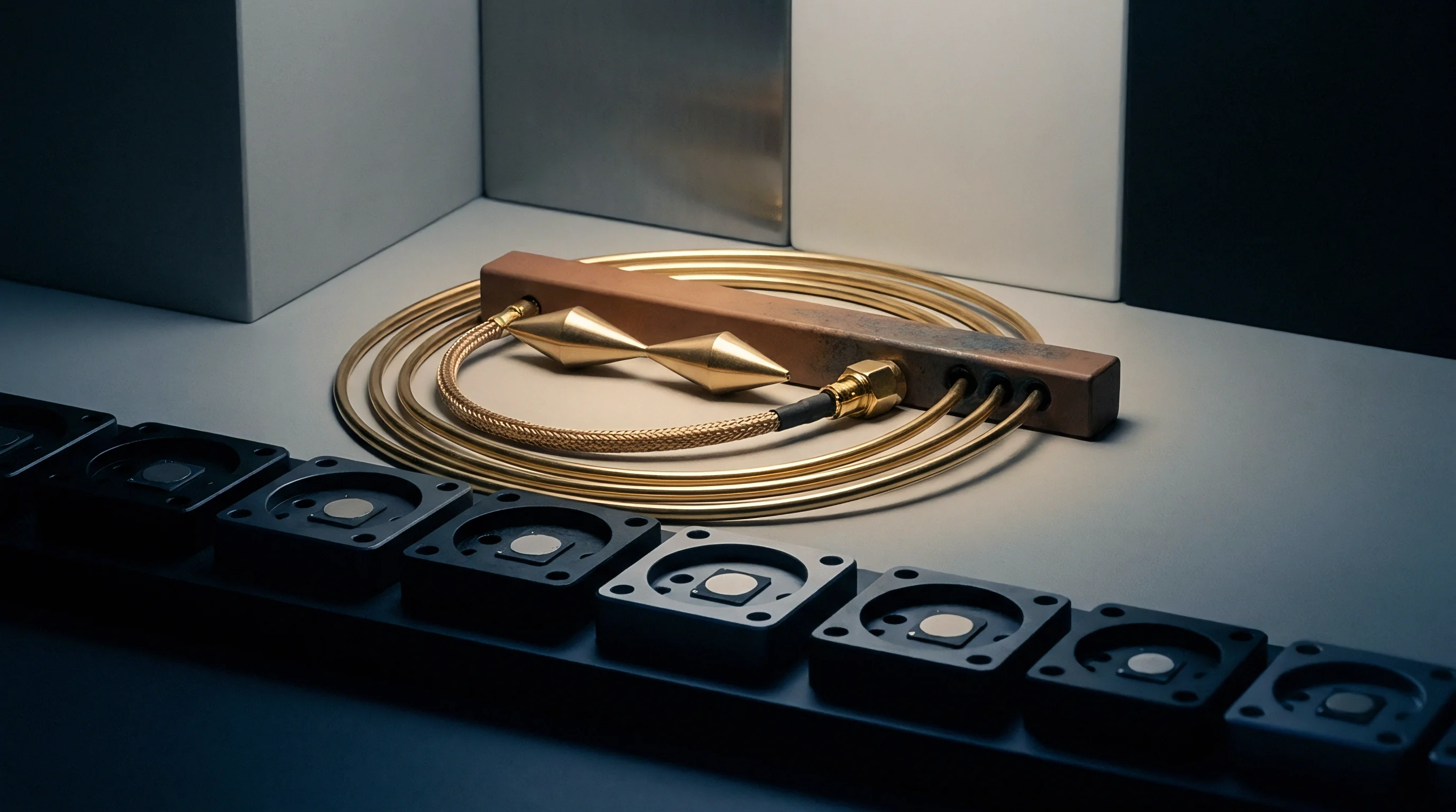 Copper transmission line components and a biconical antenna element lie behind a sequence of dark transceiver modules arranged on a workspace surface.