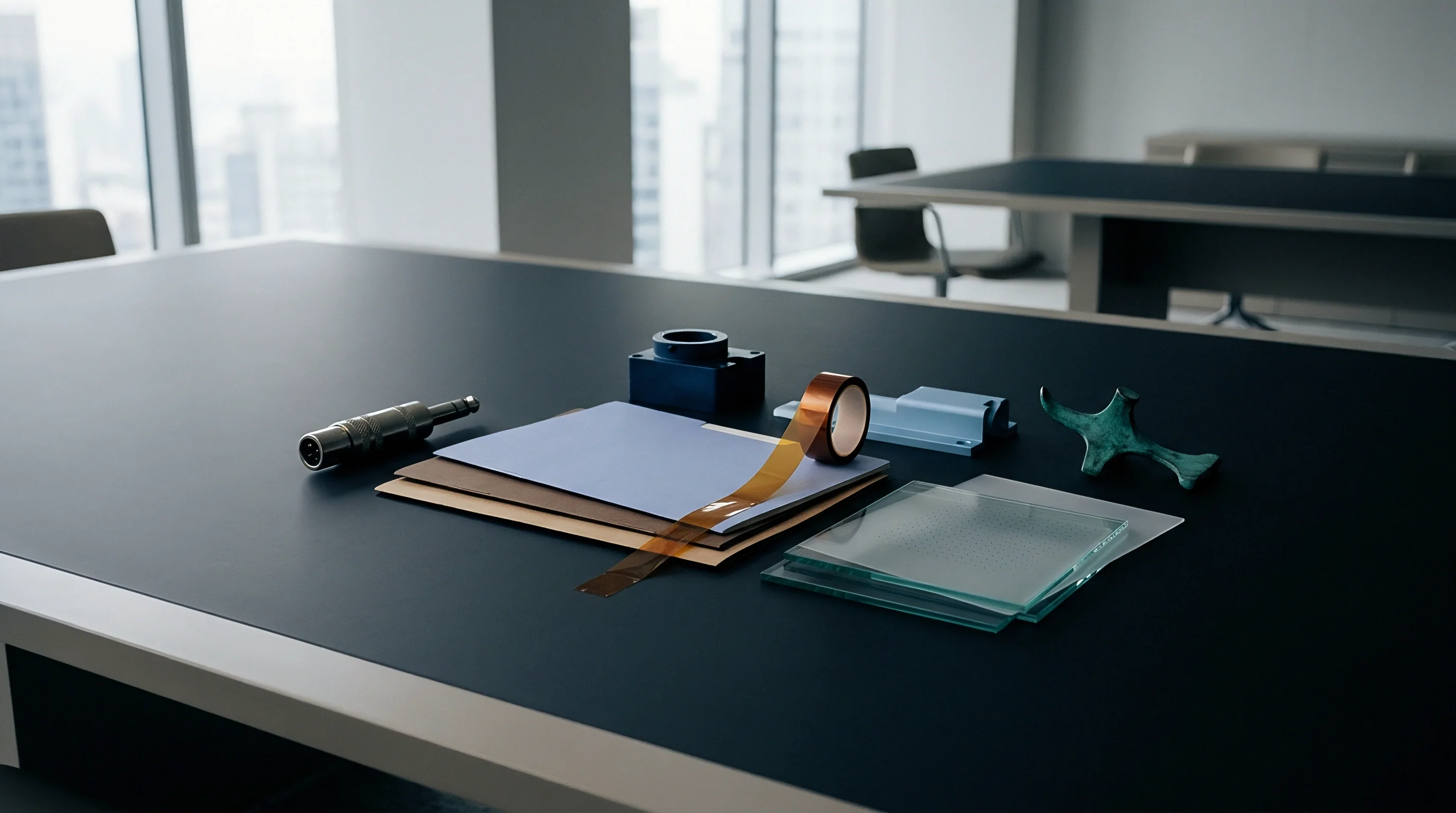 Various industrial electronic components including a jack connector housing films and glass panels sit arranged for inspection on a boardroom table.