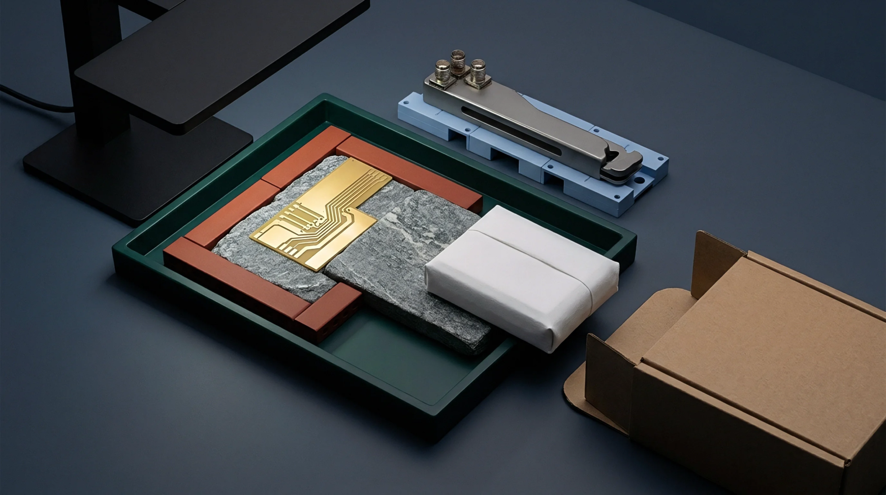 A flat gold interface board lies on textured stone surrounded by plastic frames alongside specialized metal housing and open packaging materials.