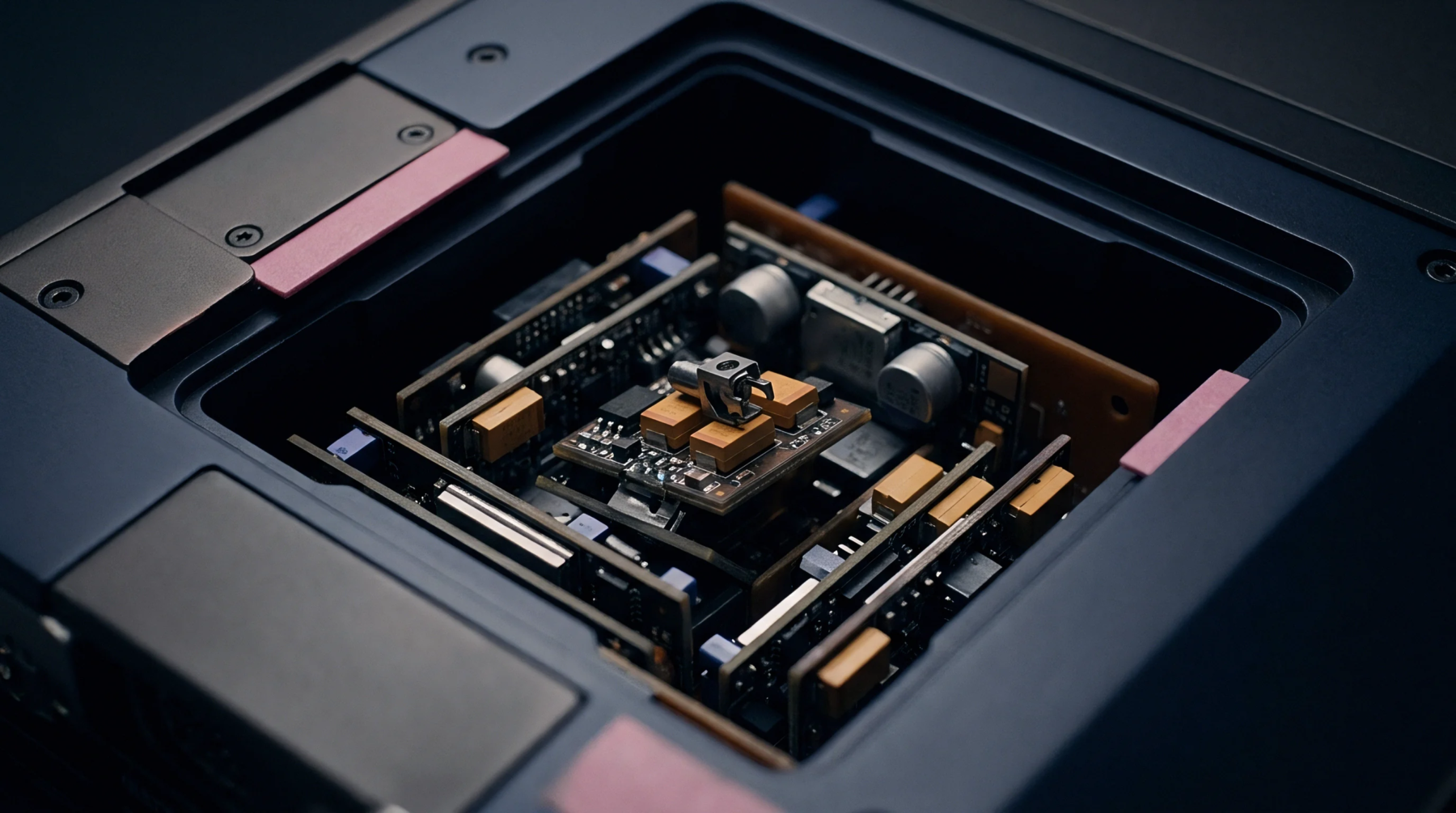Multilayer printed circuit boards populate the deep recessed chassis of this radio frequency connectivity module designed for high performance integration into smart hardware systems.