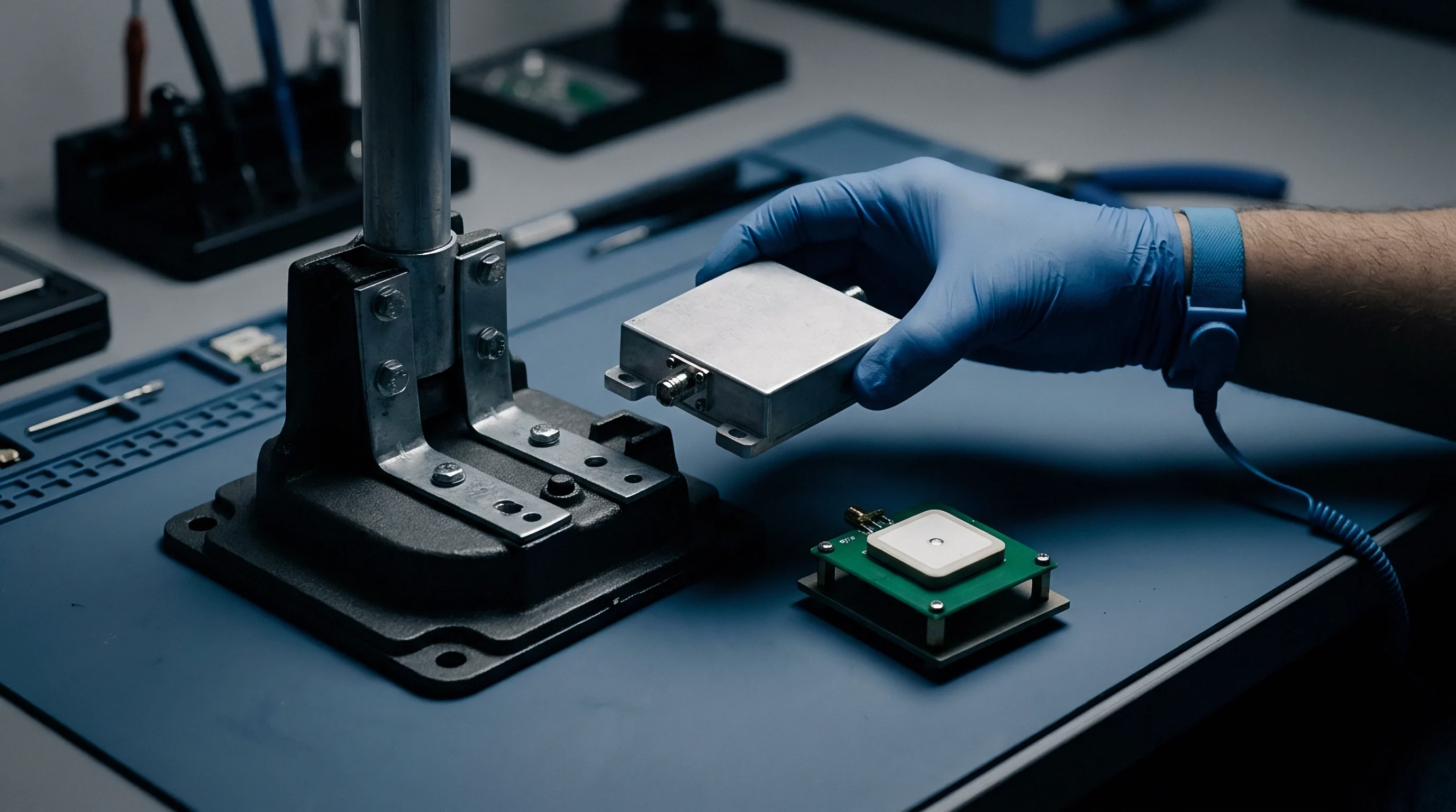 A technician in a protective glove positions a metal radio frequency enclosure above a circuit board featuring a mounted antenna module.