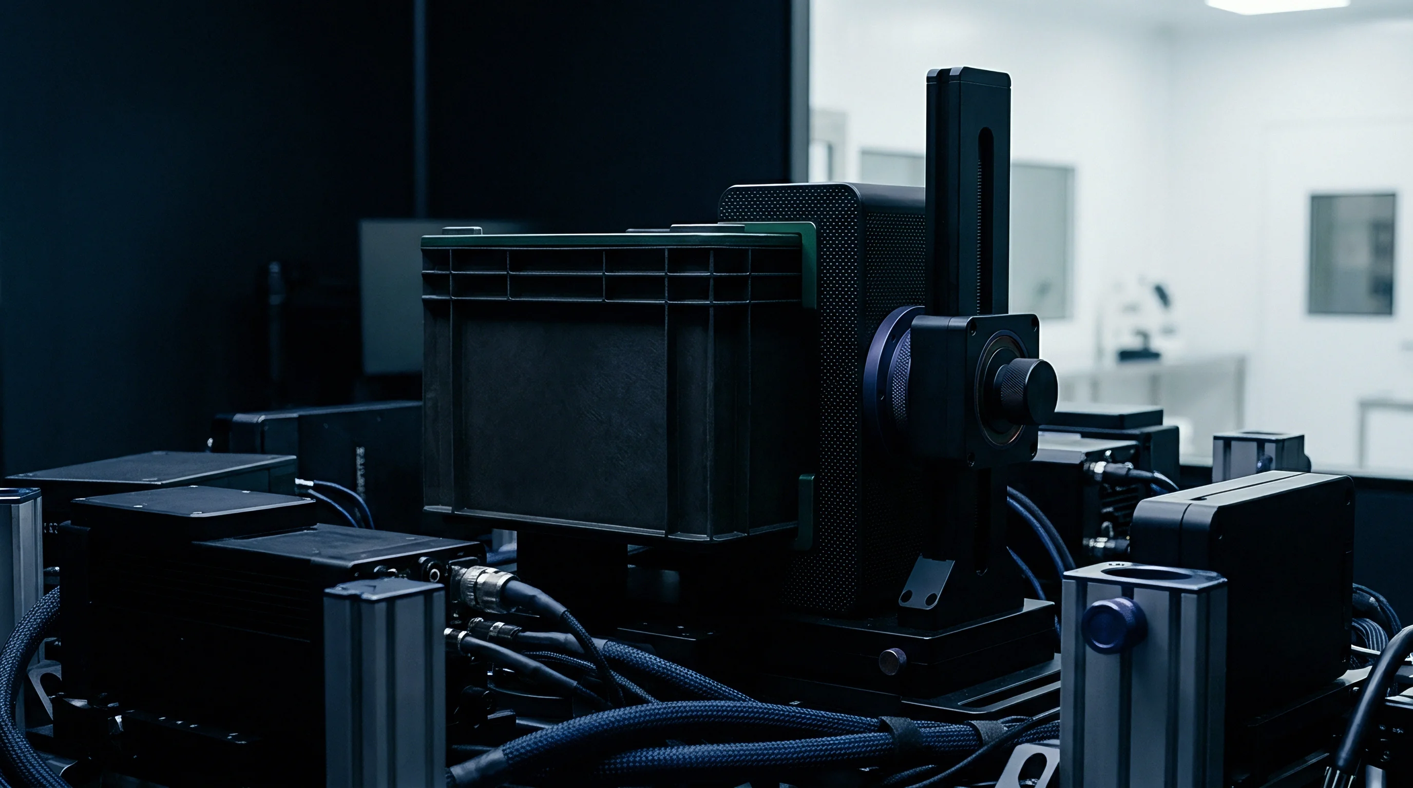A black industrial radio frequency shielded enclosure sits mounted on an aluminum profile frame within a sterile laboratory testing facility.