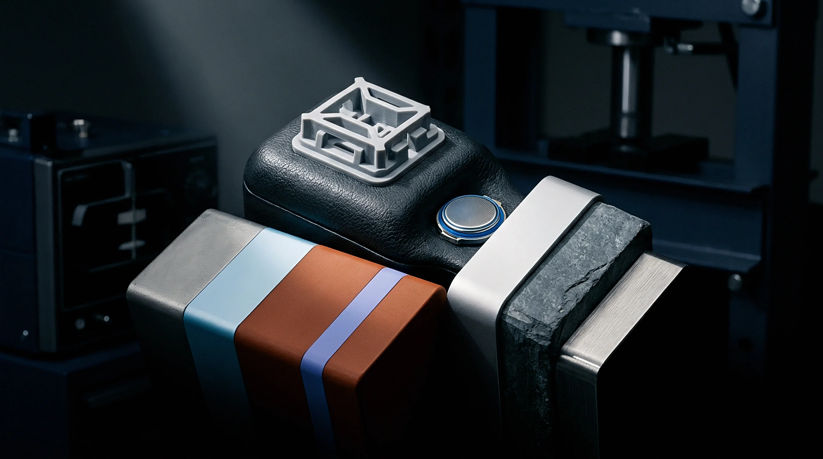 A textured device housing features an attached mounting bracket and round sensor component resting atop stacked material samples in a dark manufacturing test facility.