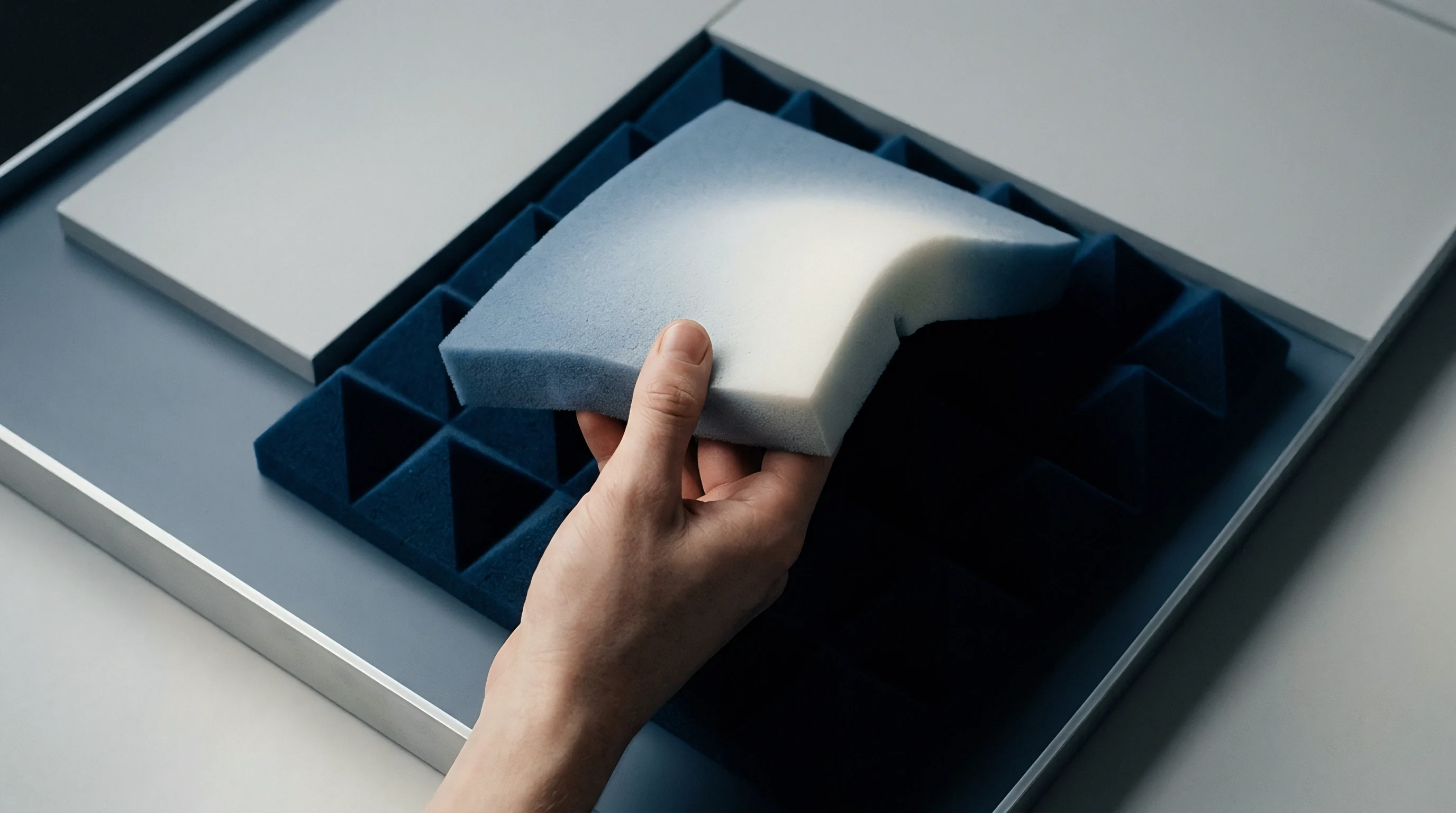 A hand holds a dual density foam pyramid segment above a blue array of anechoic absorber tiles in a metal tray.