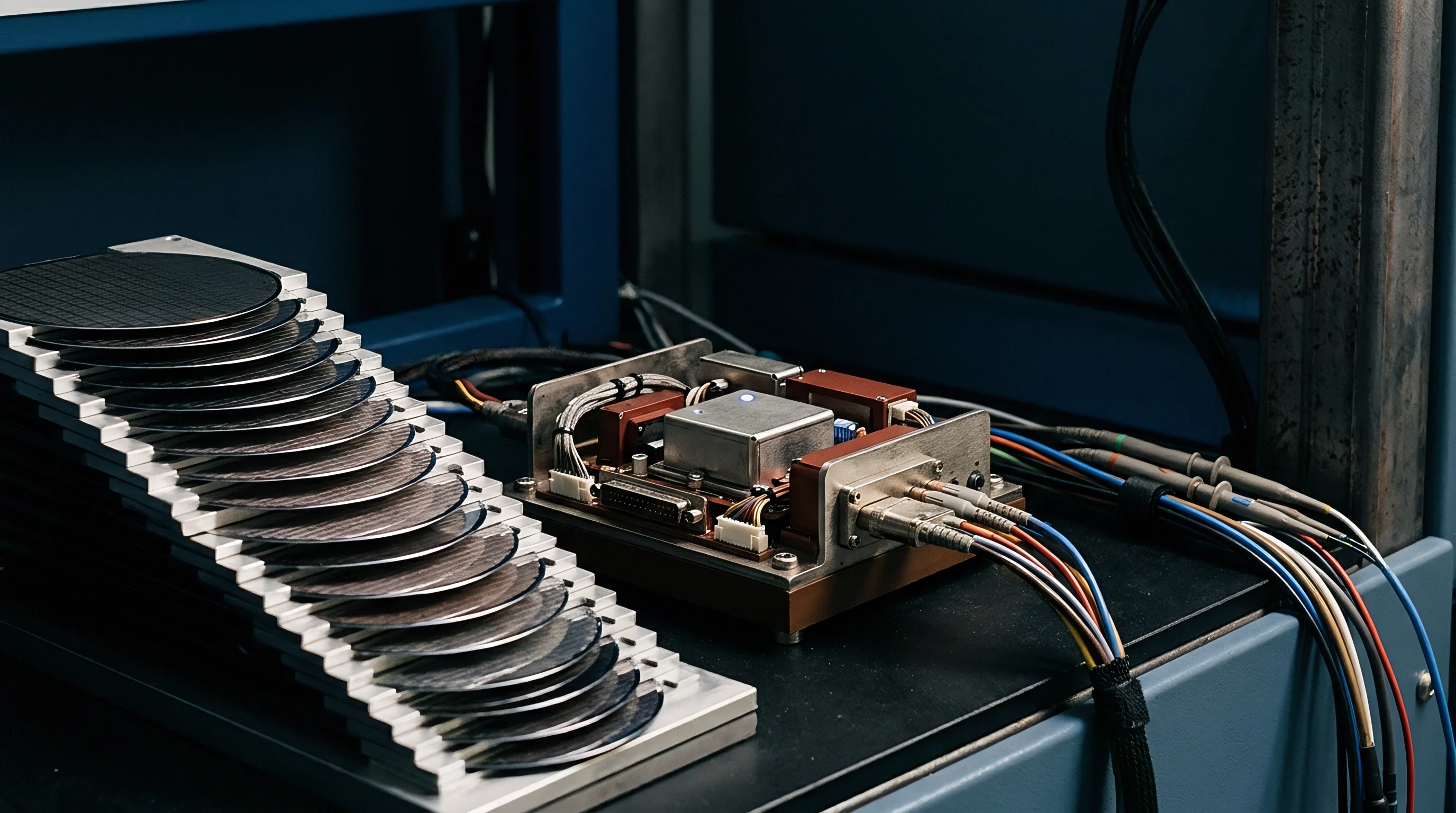 Silicon wafers in a diagonal metal tray stand beside a radio frequency module connected to test cabling on a dark workbench.