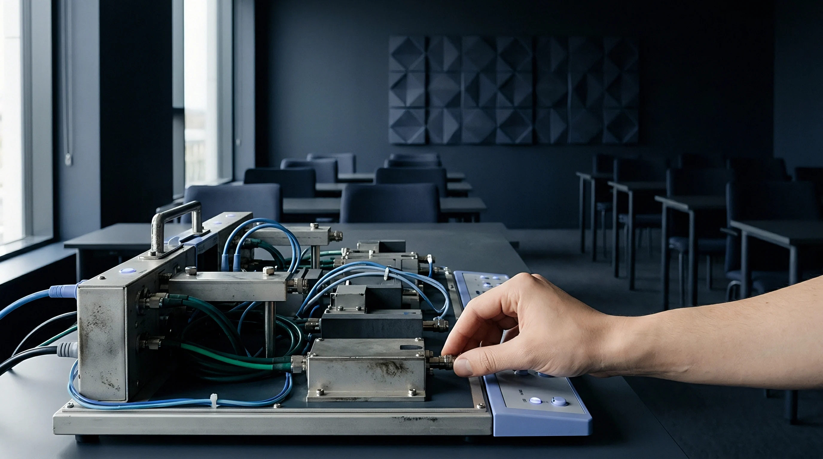 A technician adjusts a coaxial connector on a multi-module radio frequency testing rig set on a laboratory bench.
