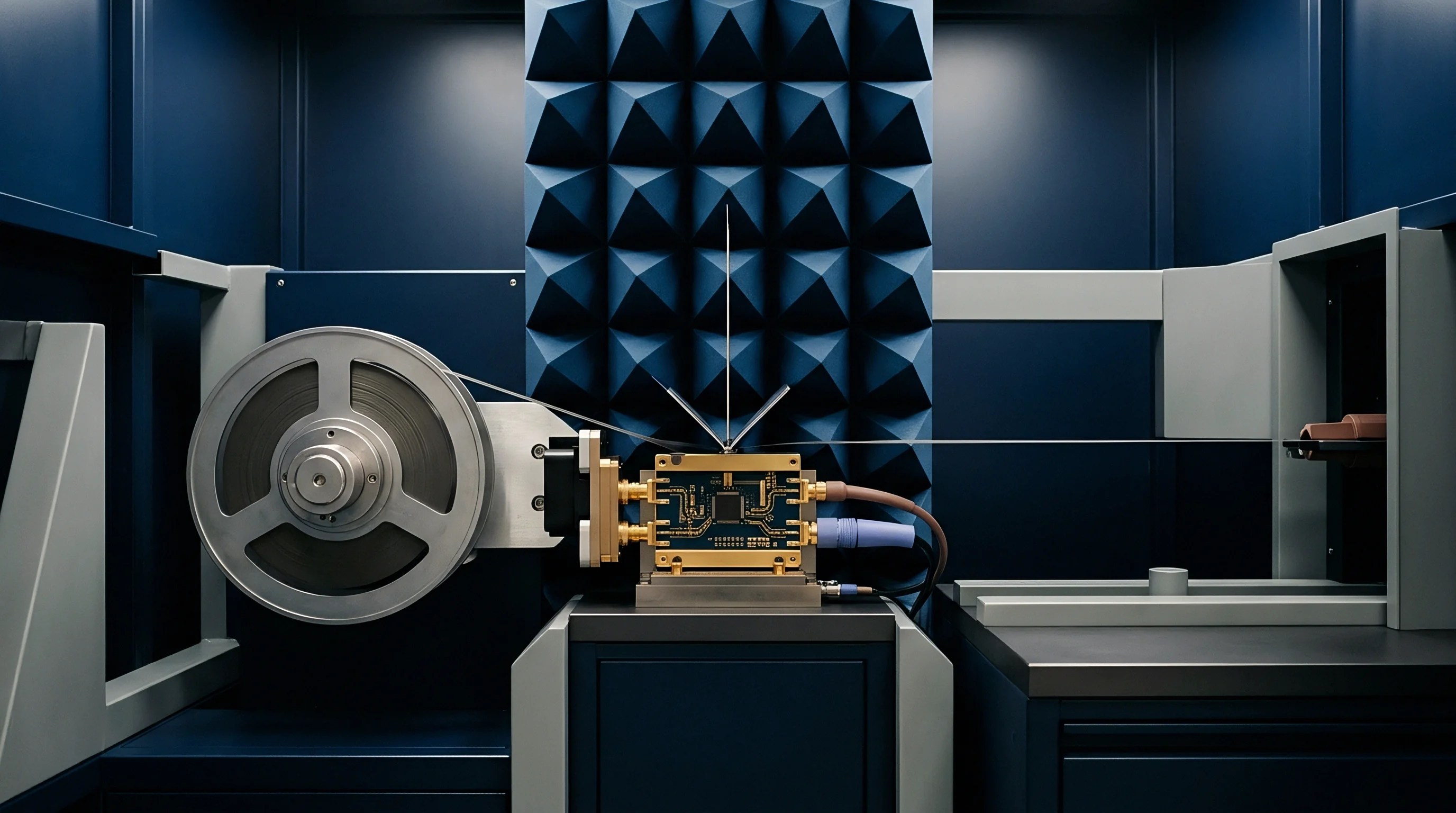 A circuit board in a technical illustration sits on a testing platform between blue pyramidal microwave absorbers and a silver reel inside a shielded enclosure.