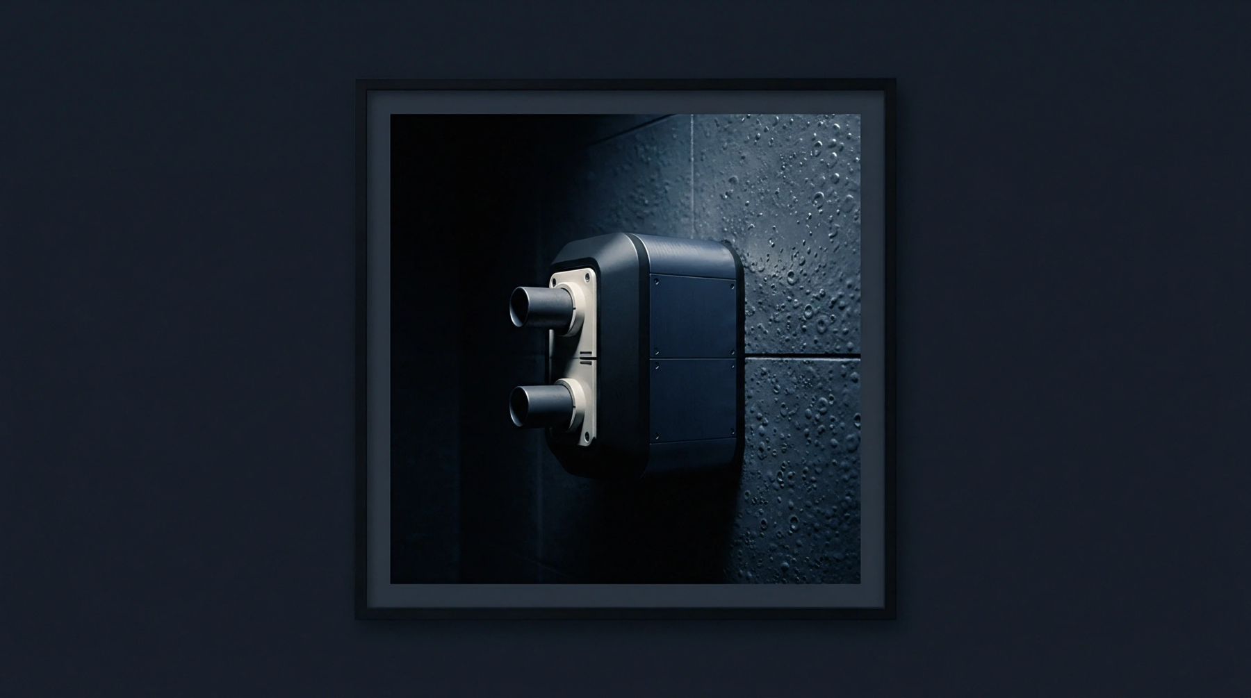 A grey industrial communication module with dual port interfaces is mounted on a heavily textured stone wall in a digital render.