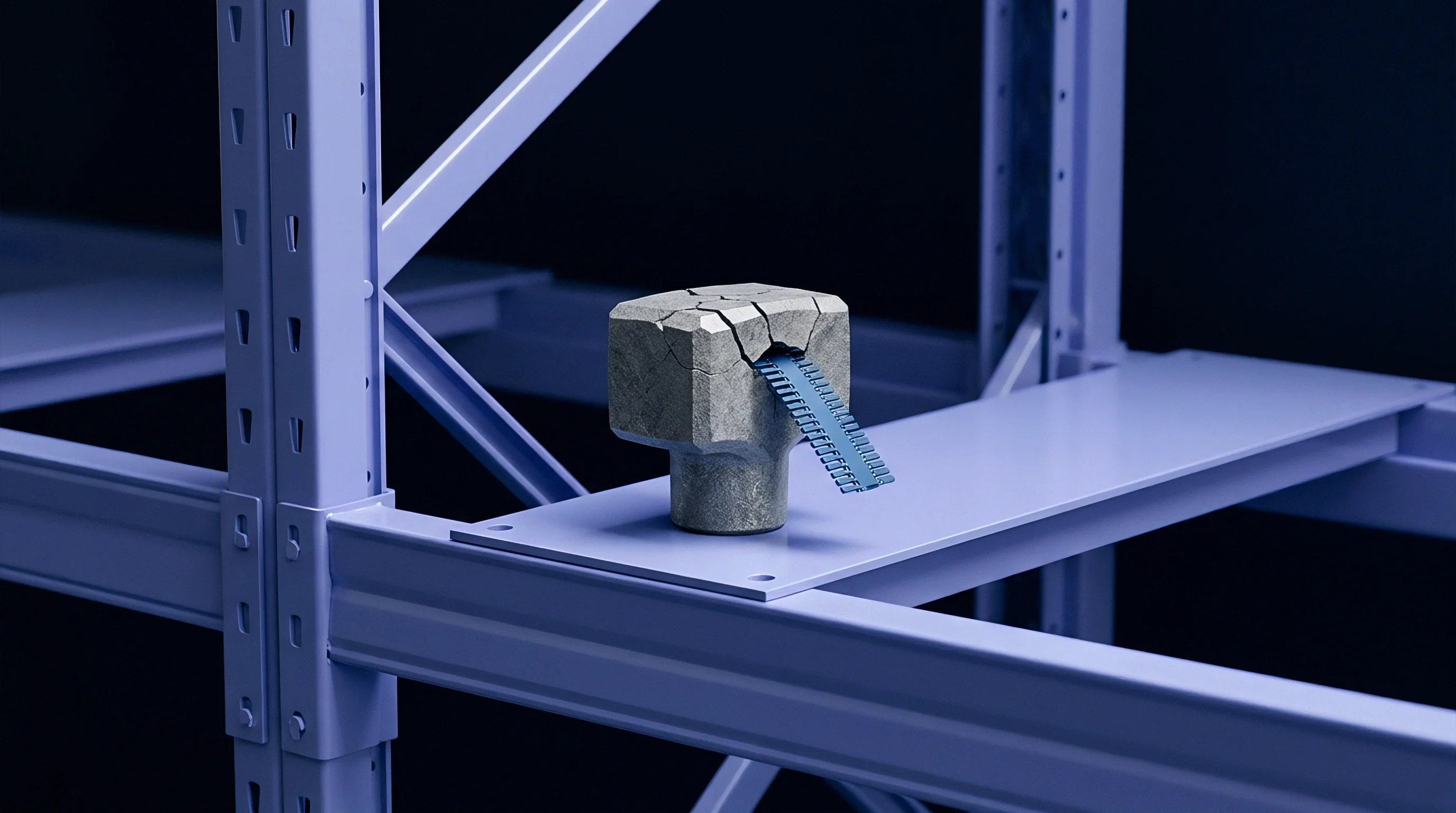 A flexible blue ribbon cable emerges from a cracked concrete block resting on a light blue industrial storage rack.