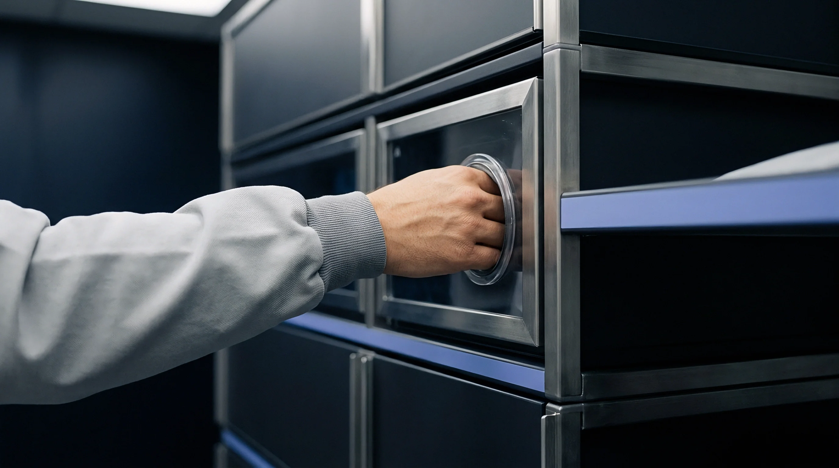 Technologist wearing protective sleeve accesses secure modular storage cabinet holding connectivity hardware components within cleanroom manufacturing environment.