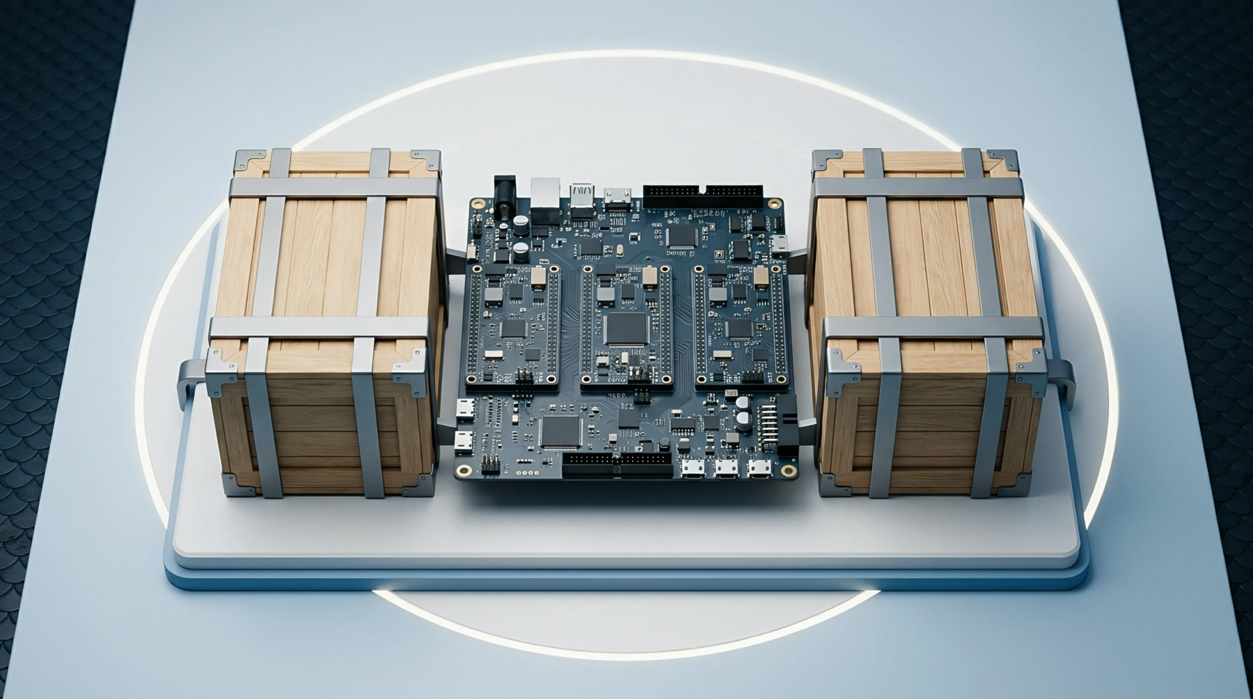A digital render shows a central printed circuit board flanked by wooden crates with metal straps on a lit platform.