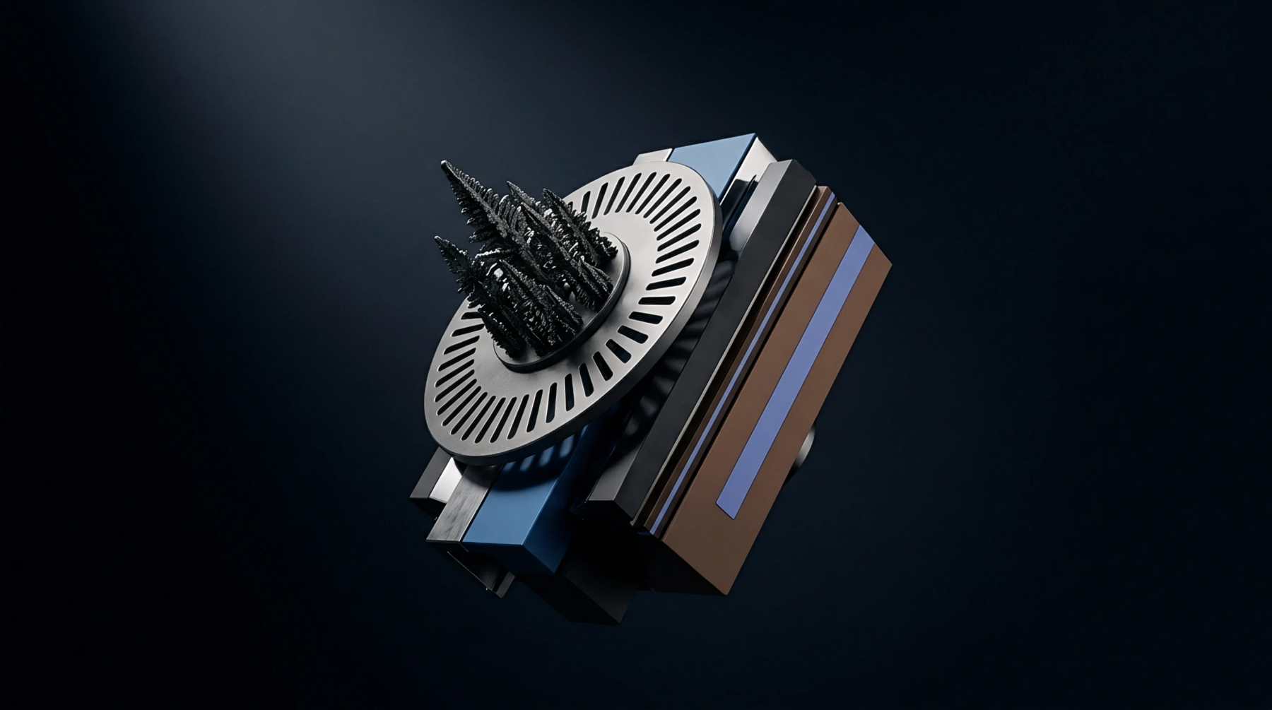A render displays a multilayer connectivity module featuring a circular metallic antenna disc and magnetized microstructures on a dark background.