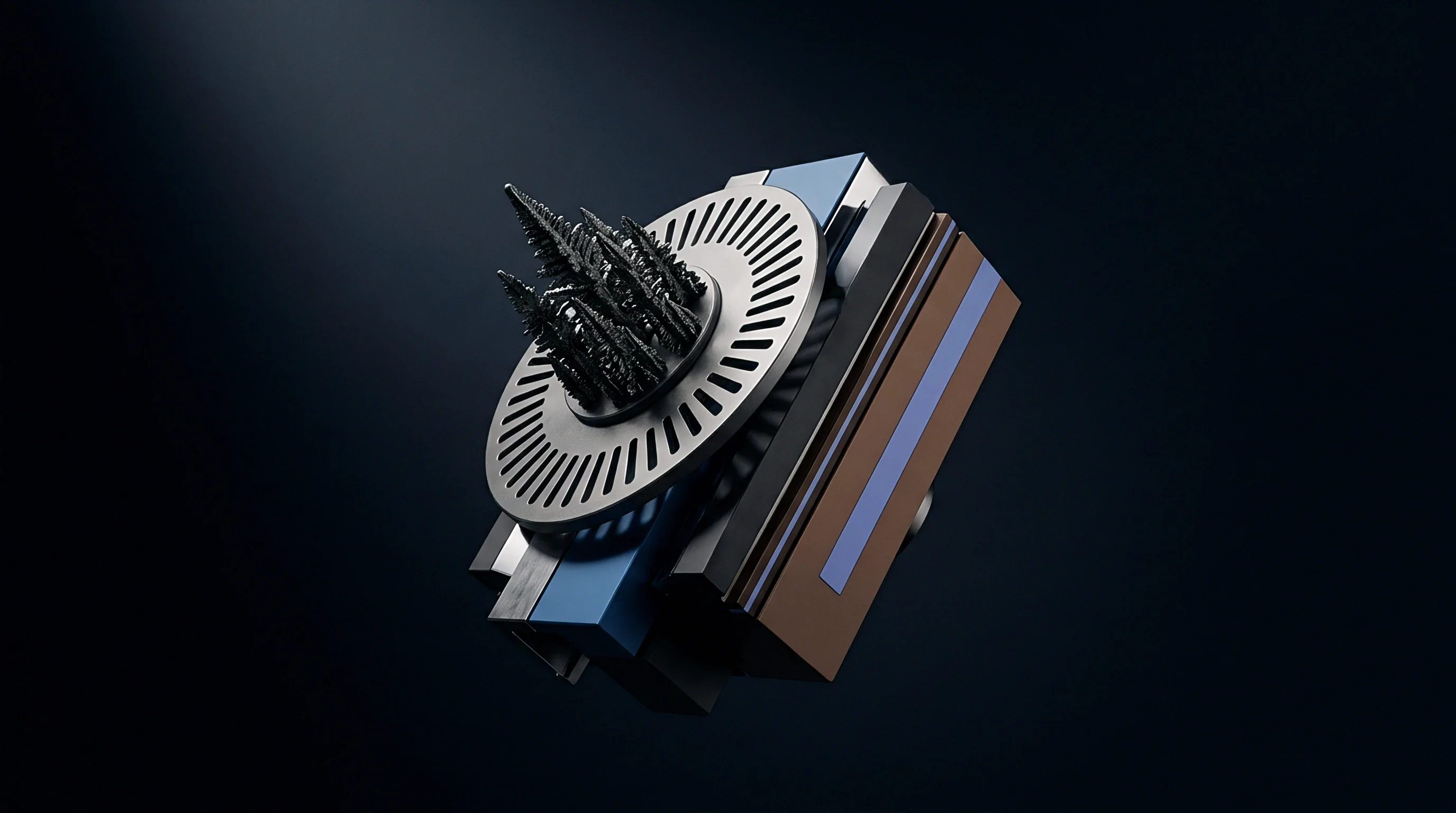 A render displays a multilayer connectivity module featuring a circular metallic antenna disc and magnetized microstructures on a dark background.