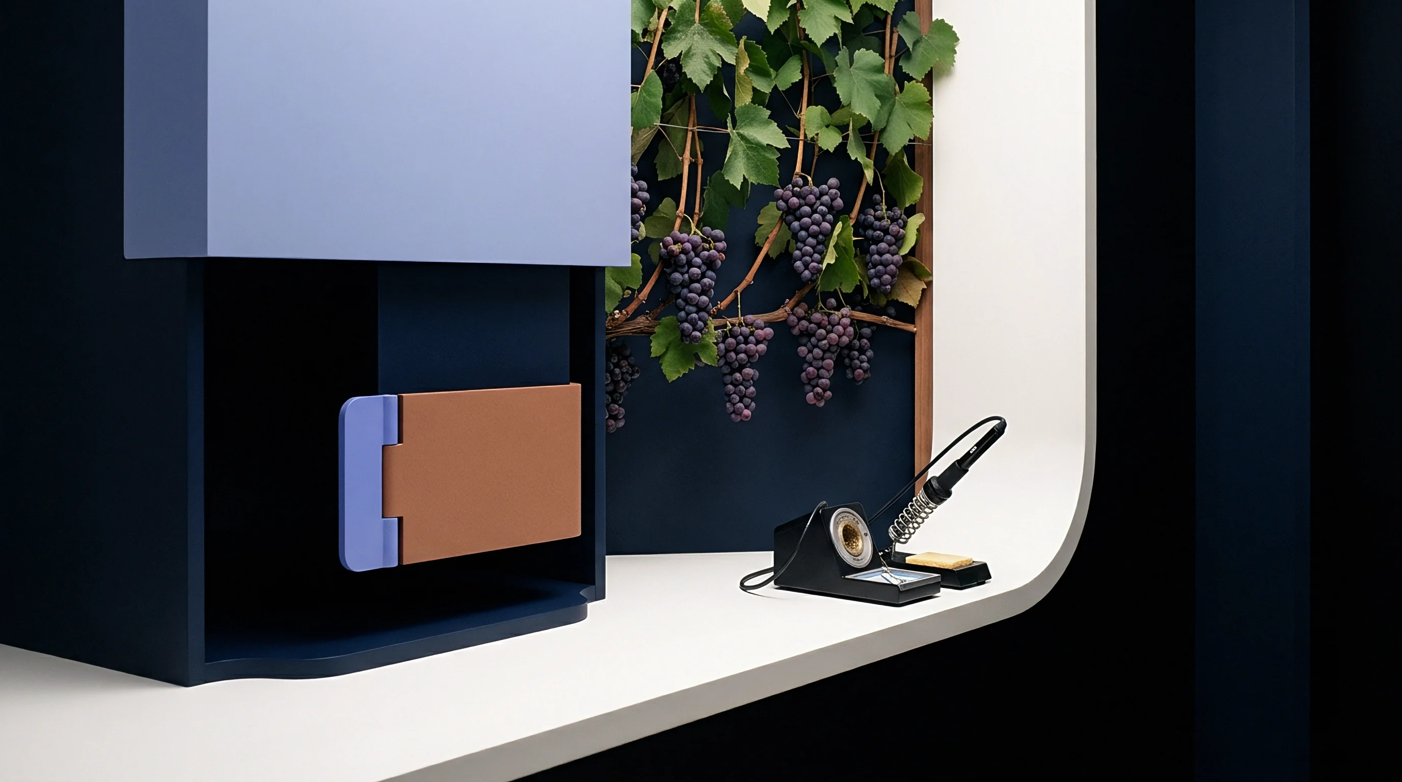 Rendered hardware integration workbench features a blue modular enclosure alongside an electrical soldering station positioned against a vertical vine backdrop.