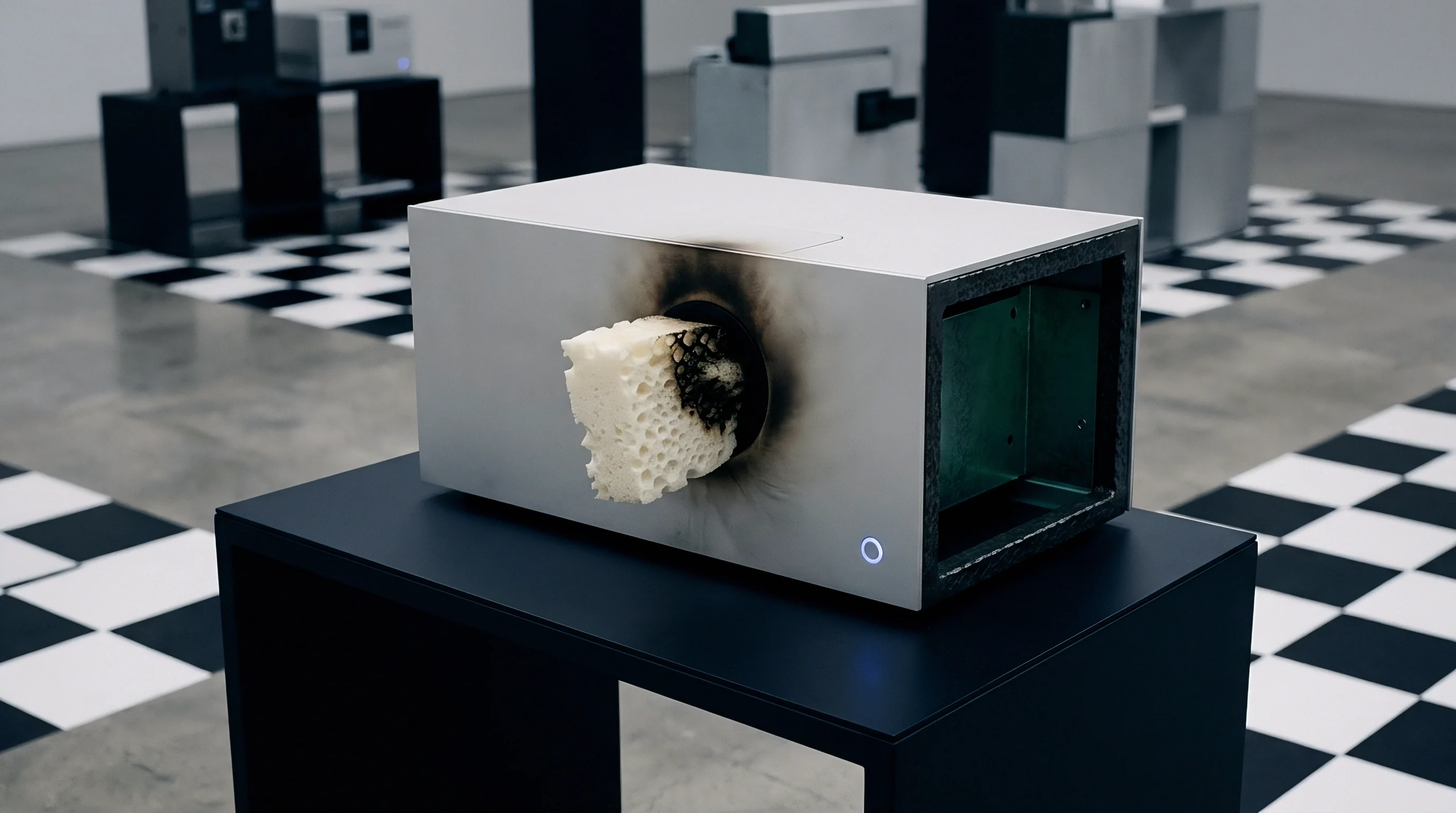 A rectangular silver hardware enclosure with heavy thermal charring around a center portal rests on a matte black pedestal within an industrial exhibition space.