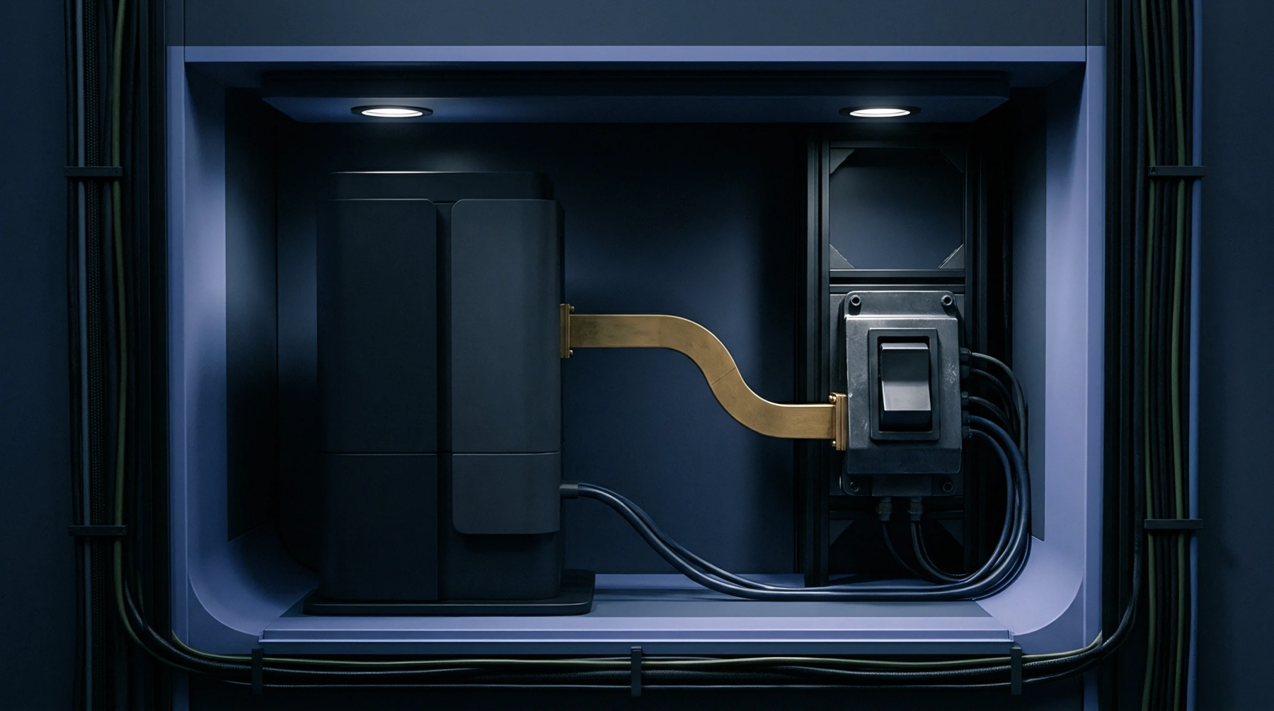 This render shows a smart device power integration module with a prominent disconnect switch and connecting busbar within a utility enclosure.