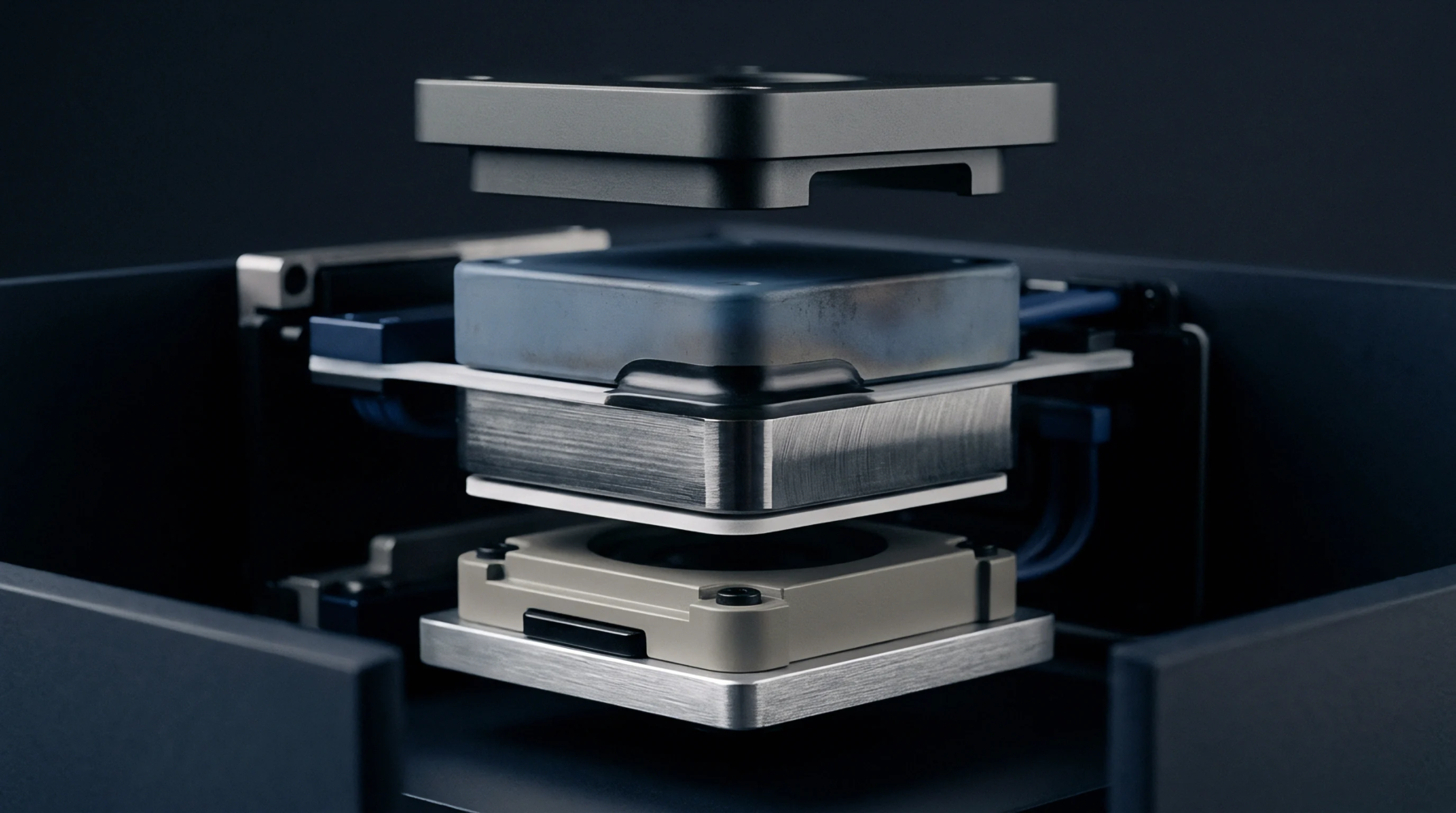 Multiple interconnected modules with brushed metal and matte dark gray finishes are precisely stacked within a dark enclosure, forming an internal device assembly.