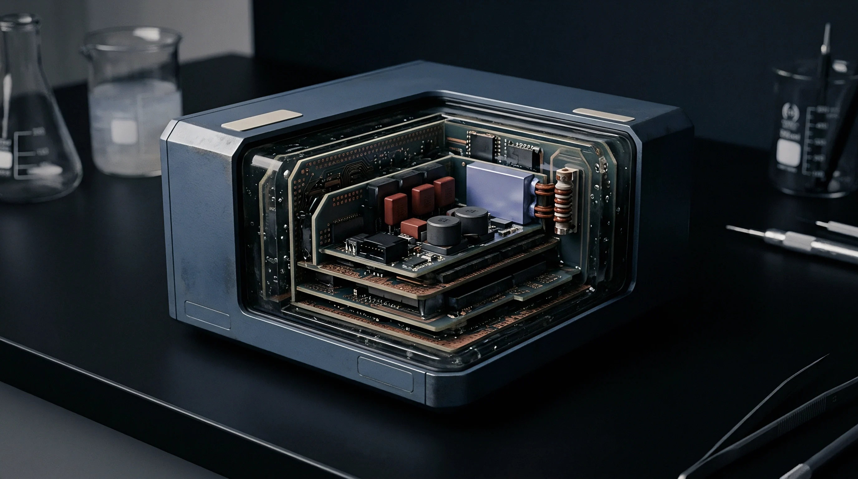 This cross-section view shows stacked printed circuit boards inside a robust housing, embodying complex electronic module integration for connected devices.