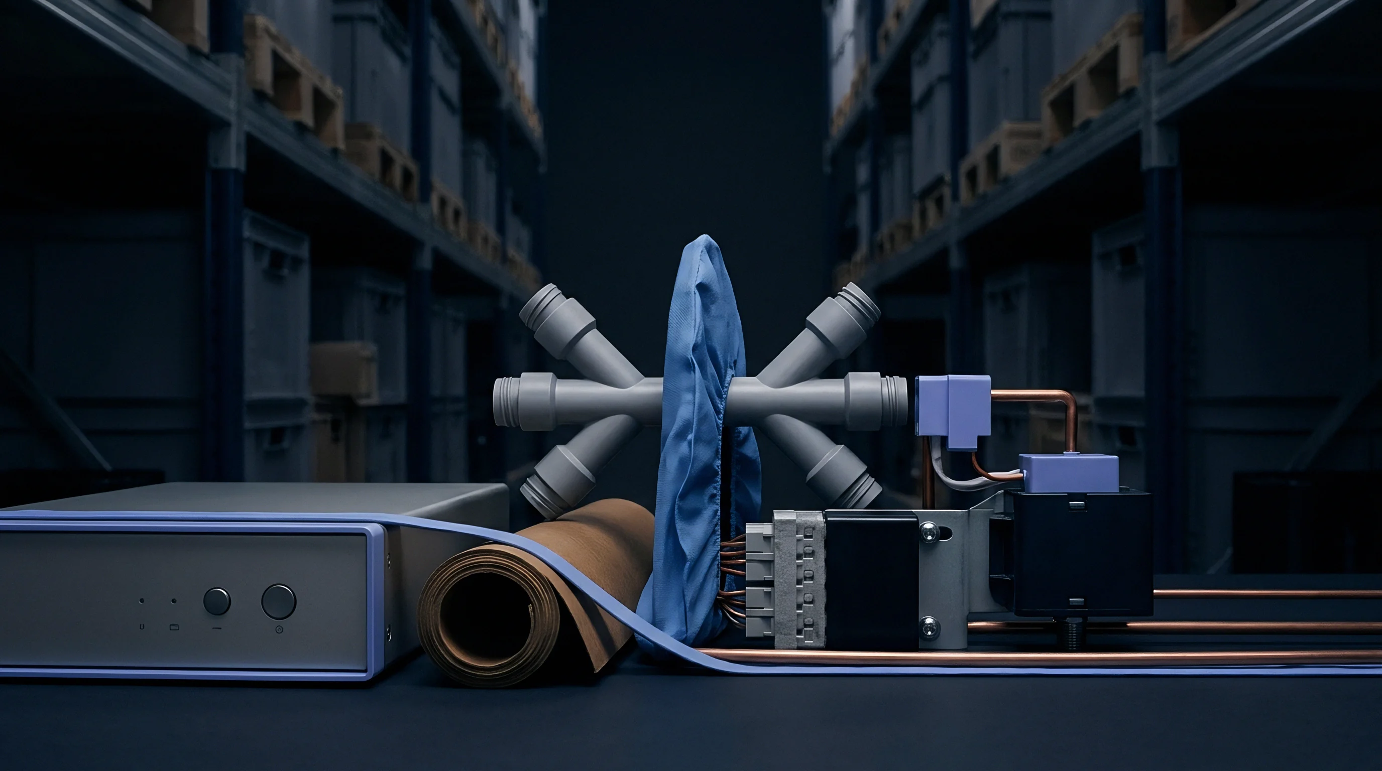 This illustration shows a central modular hub with multiple connection points, a flat silver electronic module, and a rolled material, set against a dim warehouse backdrop.