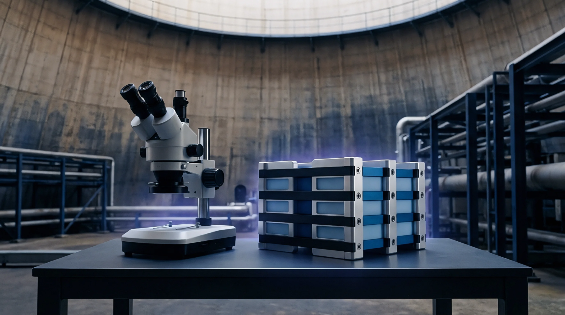 A stereo microscope sits beside a modular connectivity device stack on a table inside an industrial concrete test facility for hardware quality assurance analysis.