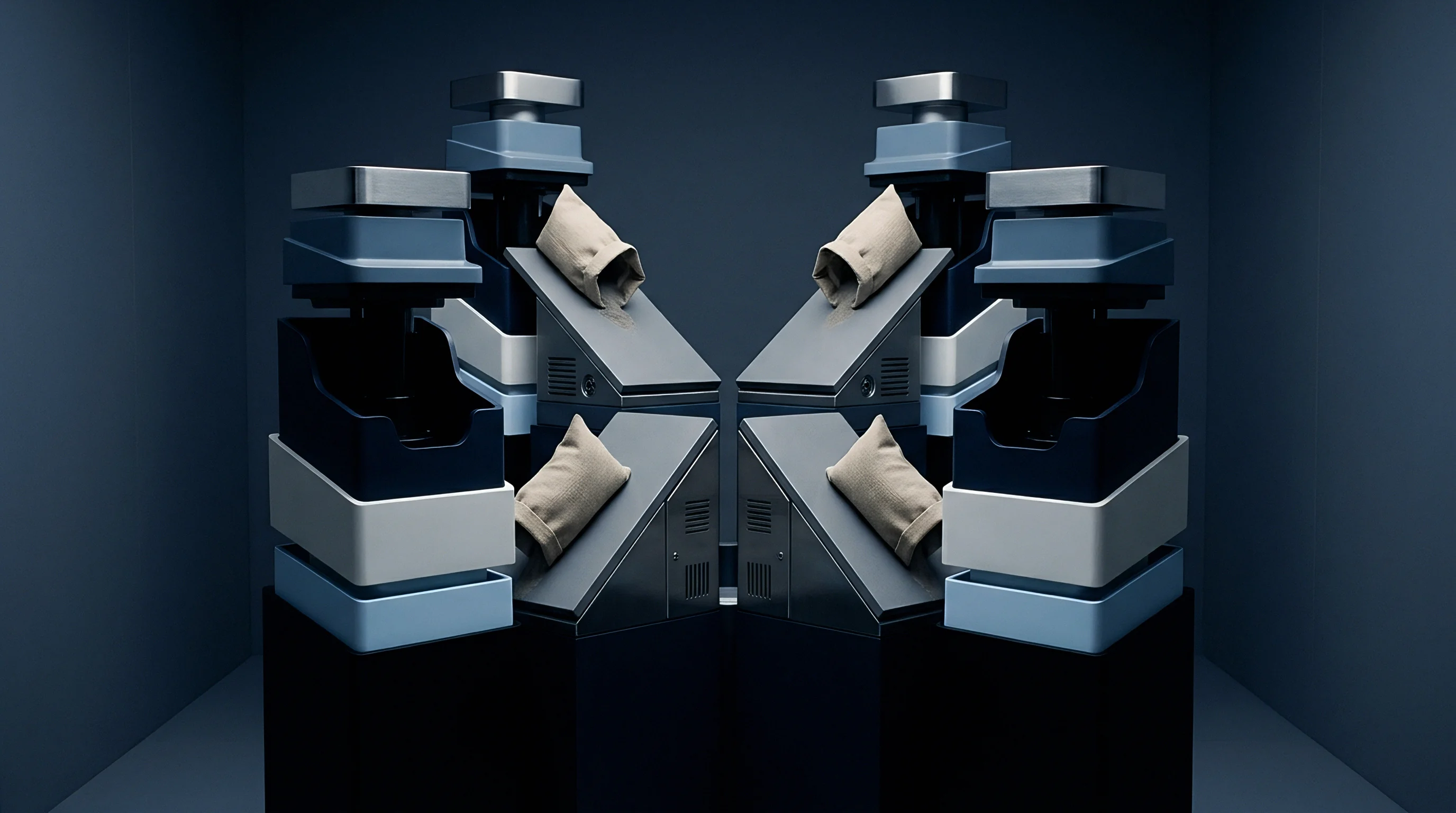 A digital render displays symmetrical modular production stations featuring metallic housings and fabric component pouches inside a dark industrial testing facility.