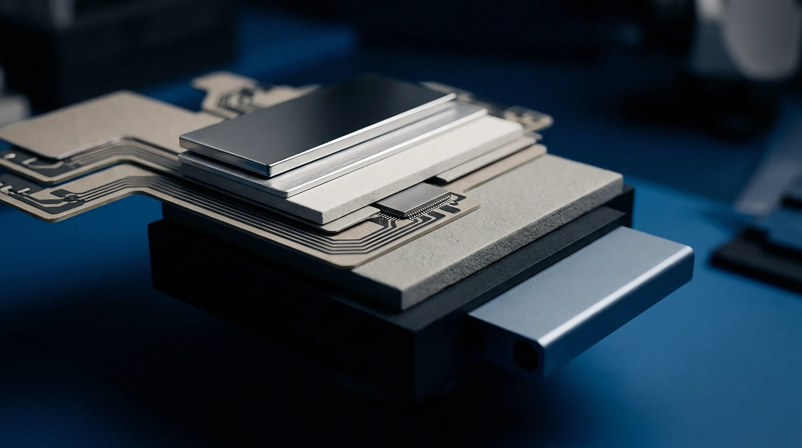An engineering render displays a multi layered semiconductor substrate with metallic shield plates and an integrated circuit on a work bench.