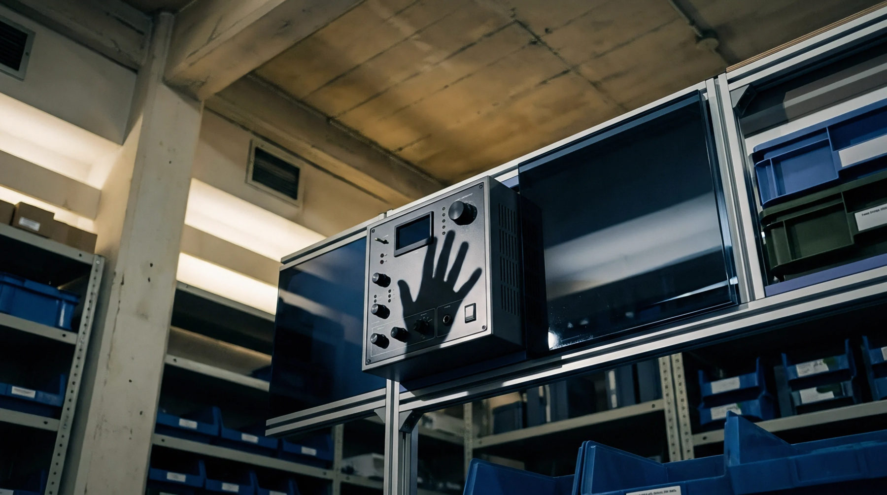 A modular metal framework holds a radio control unit with manual adjustment dials situated within a warehouse containing hardware storage containers.