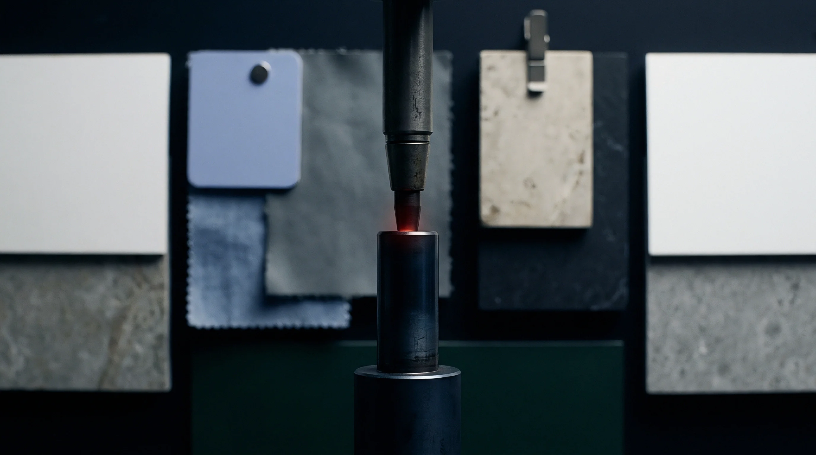 A heated metal probe contacts an industrial cylindrical component positioned amid varied textured material swatches arranged against a dark mounting board.