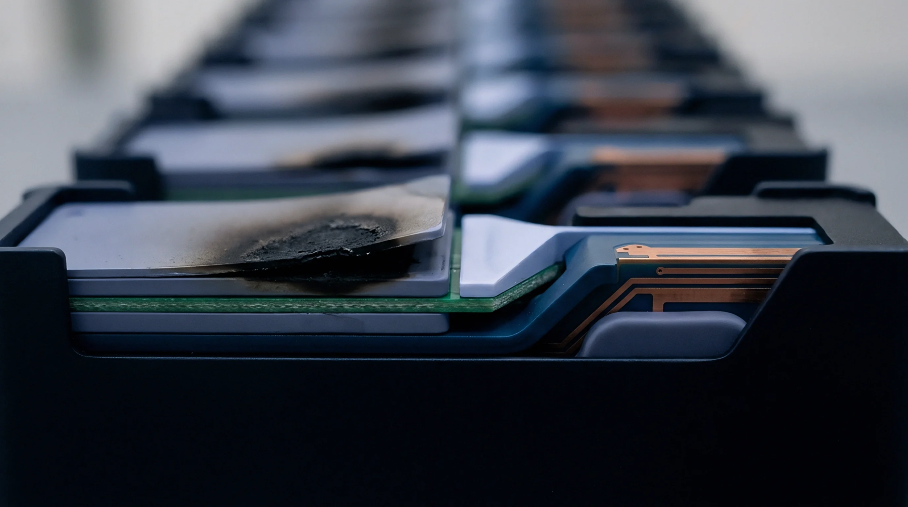 Electronic test fixtures hold populated circuit boards and battery modules undergoing destructive thermal stress analysis in a laboratory production line.