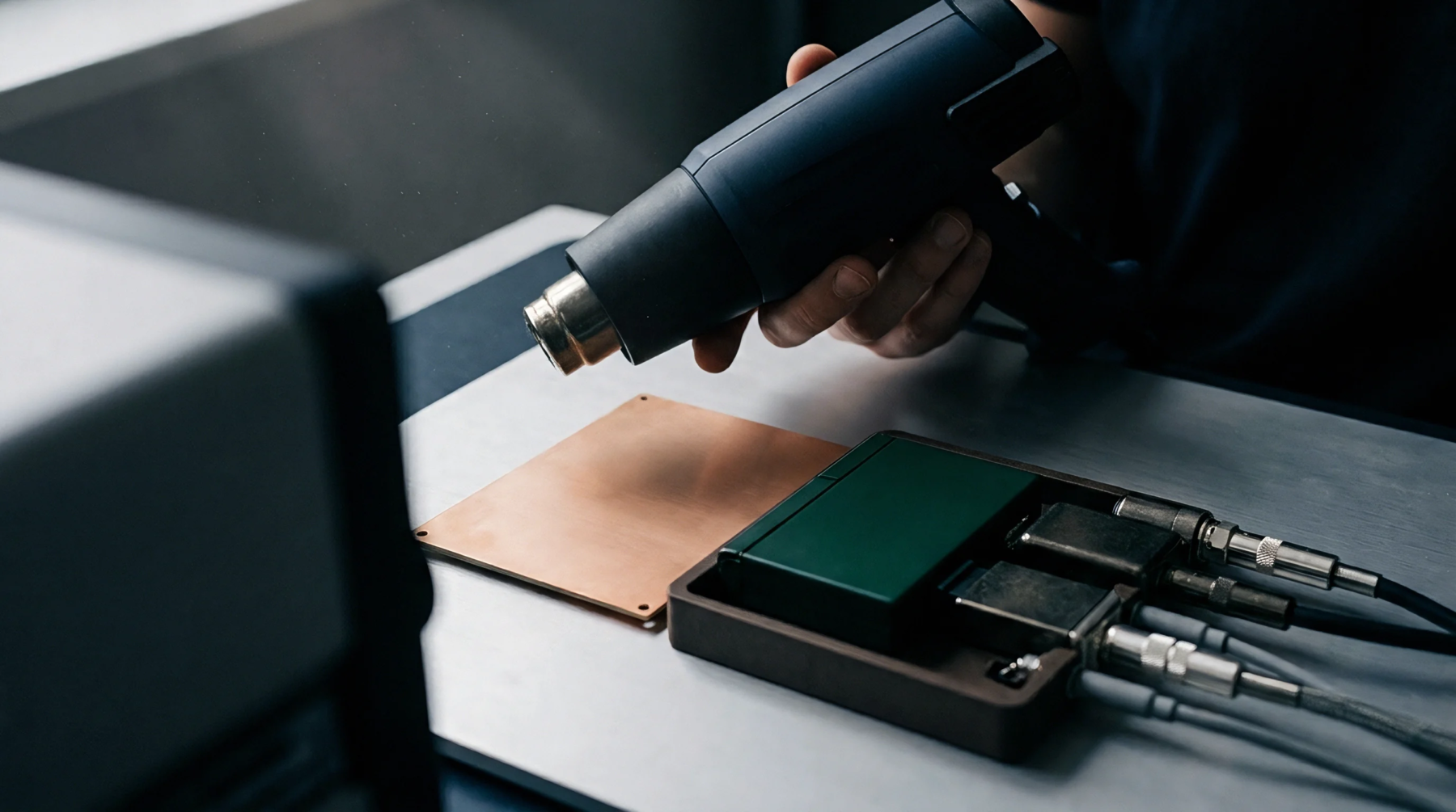 A technician applies directed heat from a handheld heat gun to a copper testing plate beside an integrated radio module with shielded connectors.