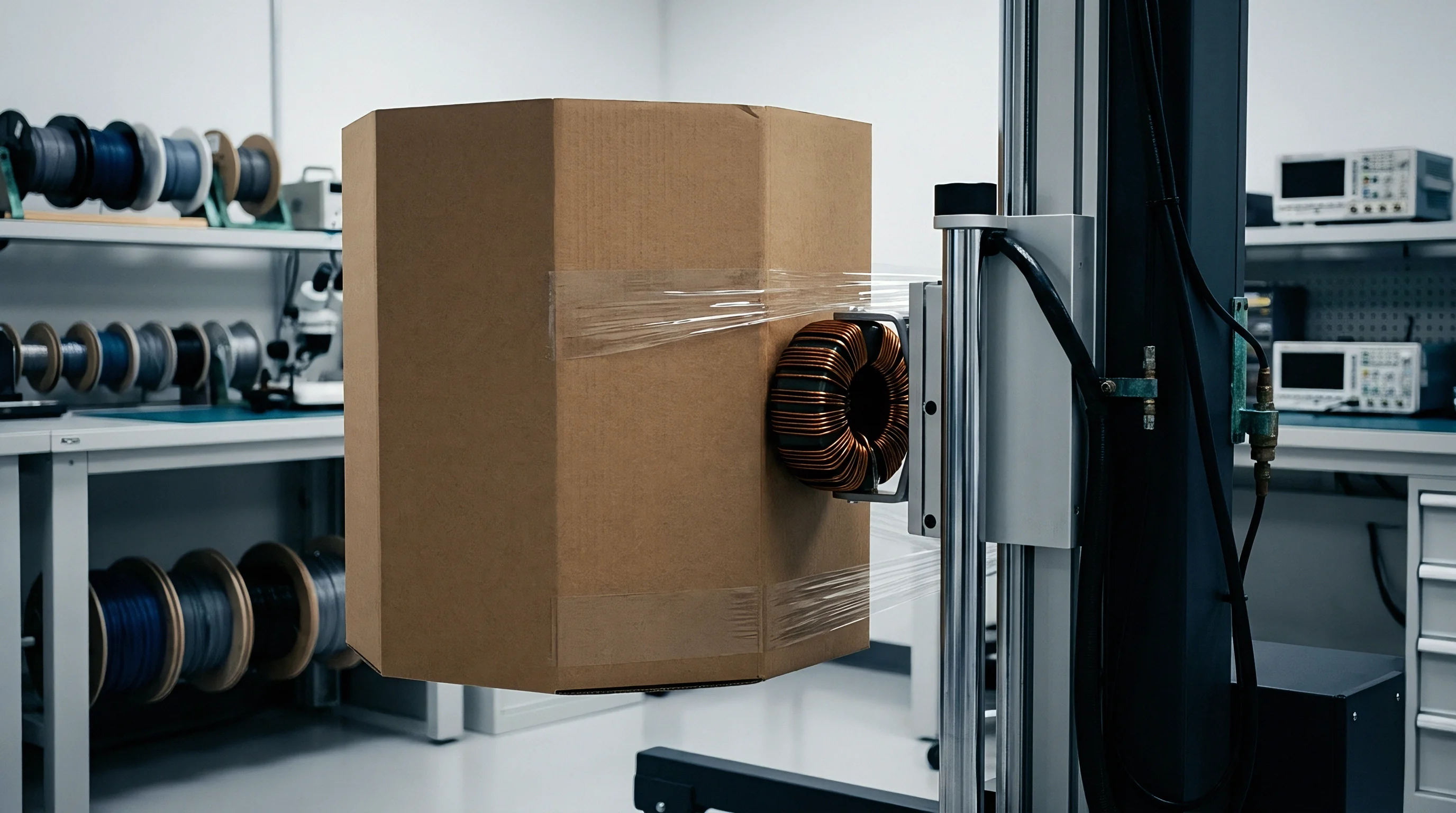 A large brown cardboard box secured with clear film holds a dark copper-wound toroidal inductor in a controlled testing environment.