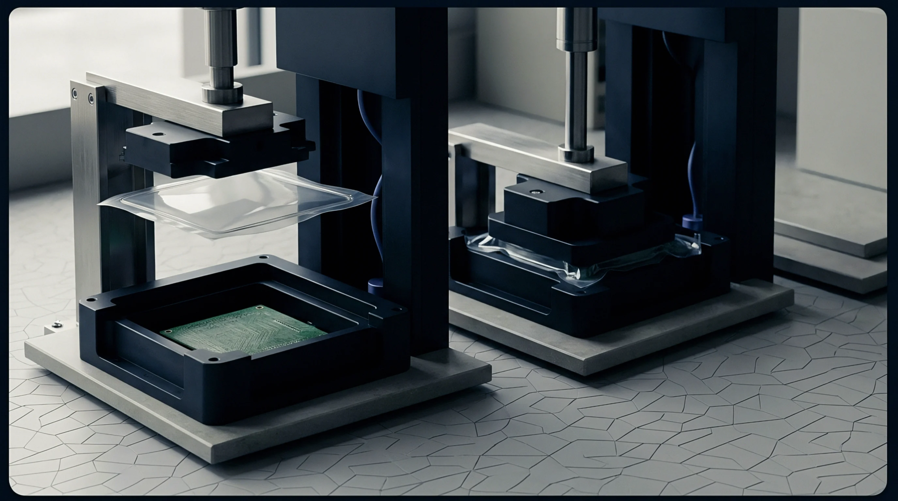 Two industrial vacuum stations compress clear thermoplastic films over green printed circuit boards during an automated assembly and encapsulation production phase.