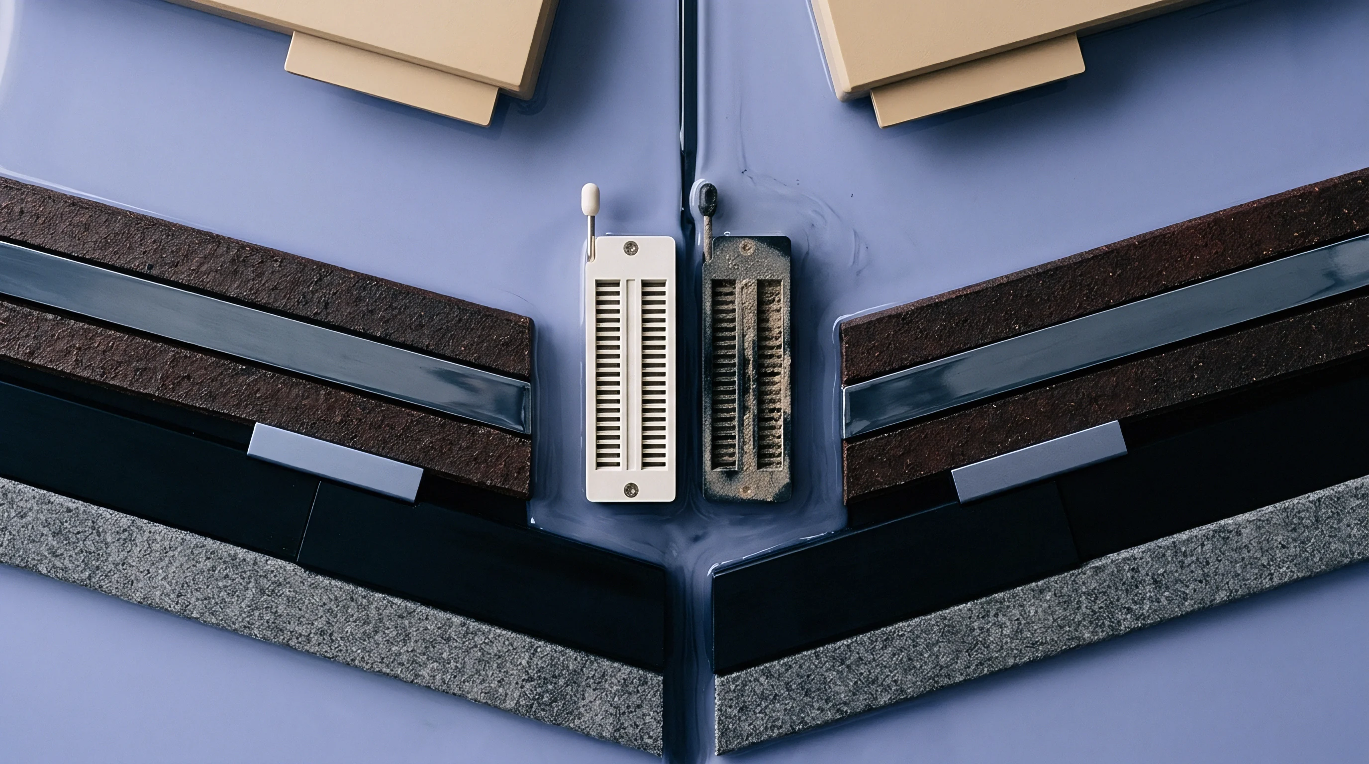 Two central connectivity components one clean and one weathered sit between layered composite materials on a pale blue surface.